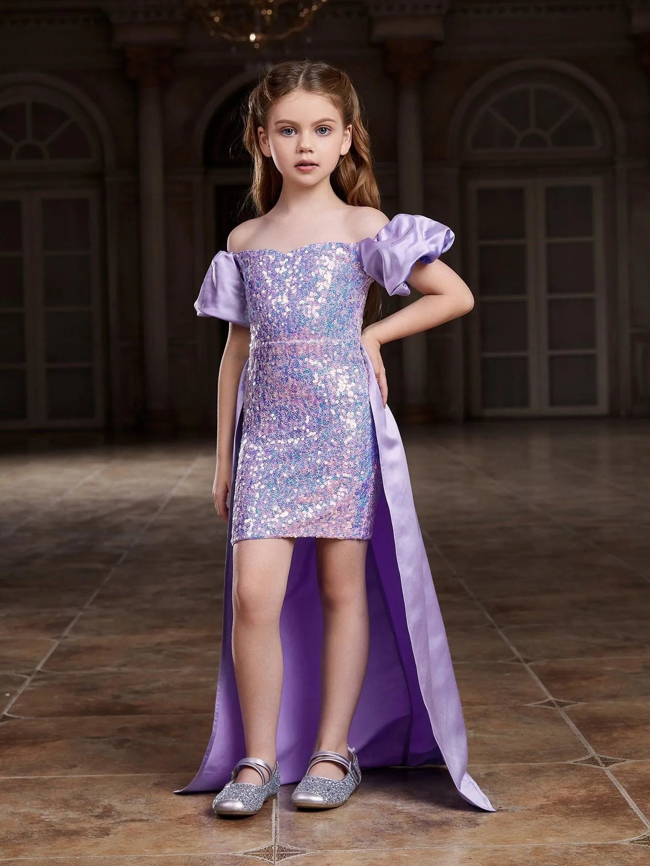 Tween Girls' Off Shoulder Puff Sleeves Satin Overlay Sequin Party Dress