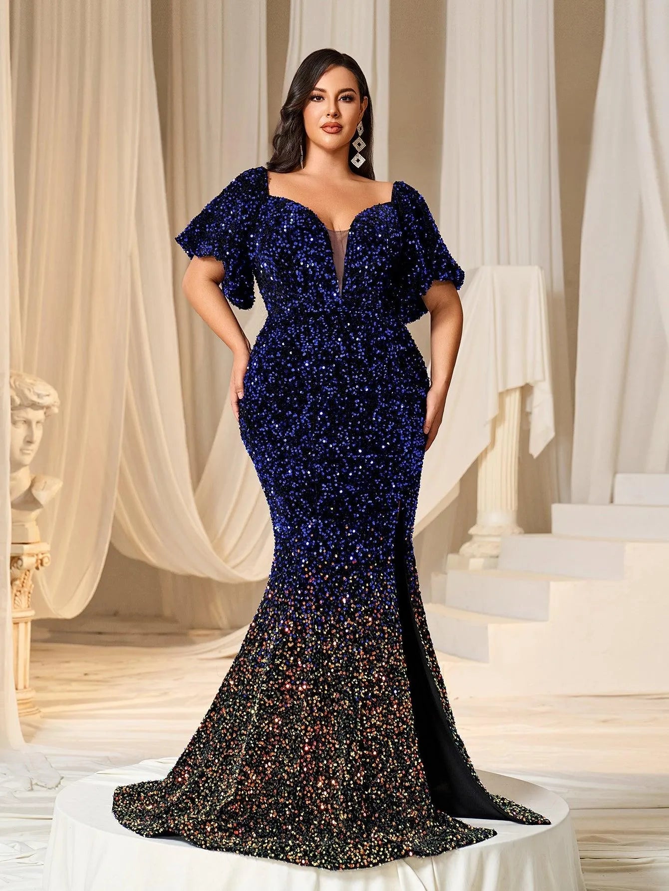 Plus Off Shoulder Puff Sleeves Ombre Sequin Mermaid Dress