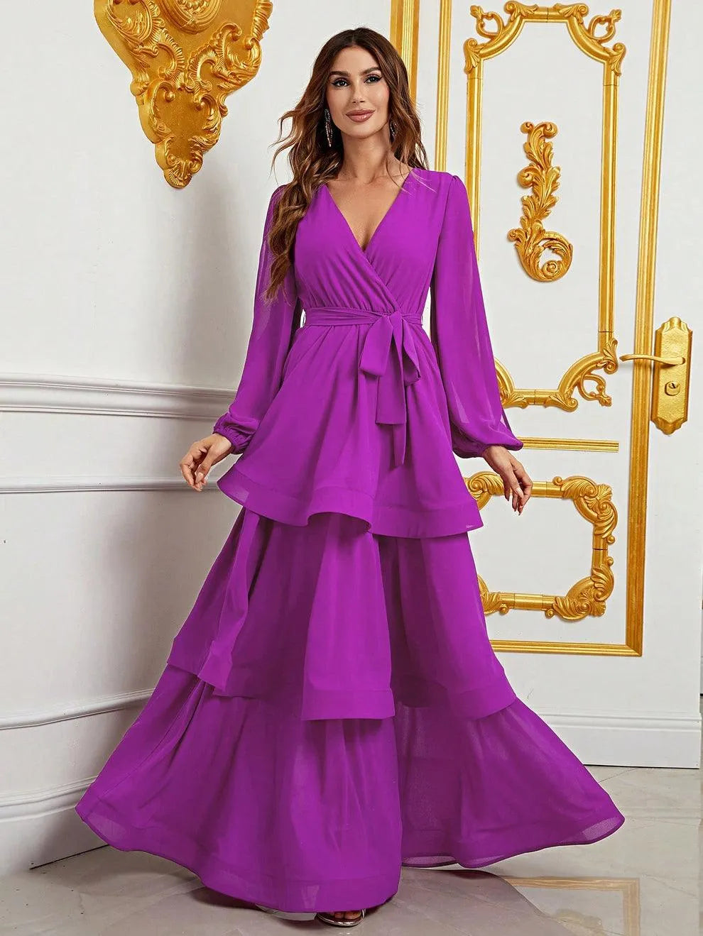 Cascading Ruffle Lantern Sleeves Chiffon Dresses