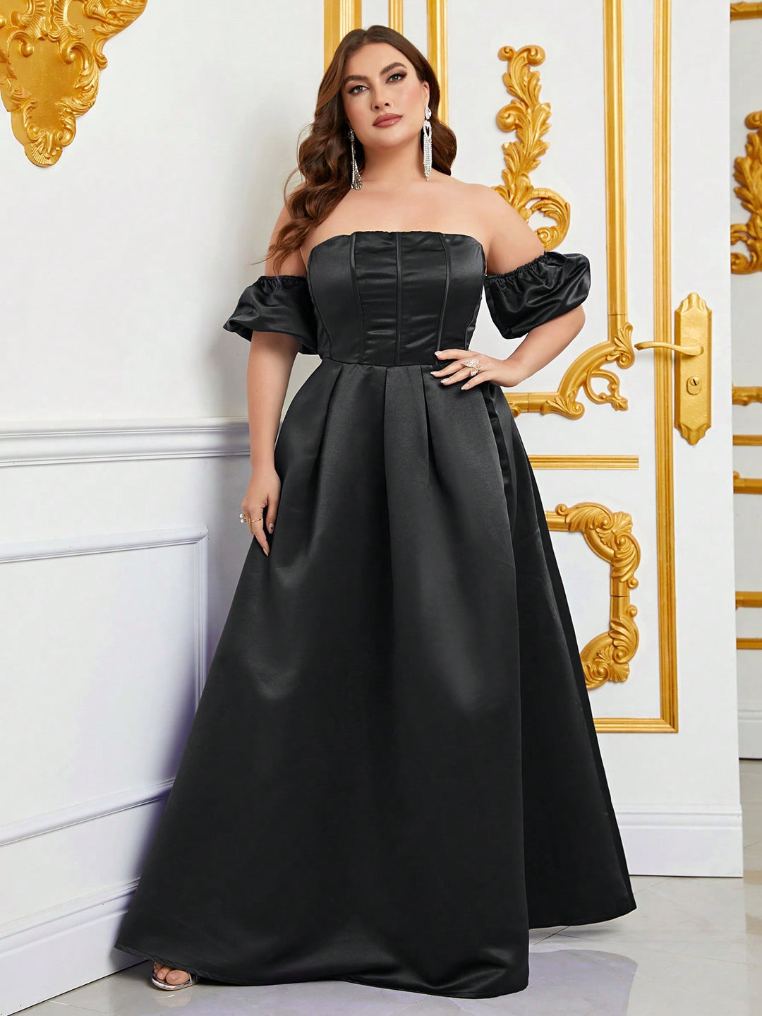 Plus Off Shoulder Puff Sleeves Ruched Bust Fold Pleated Satin Gown