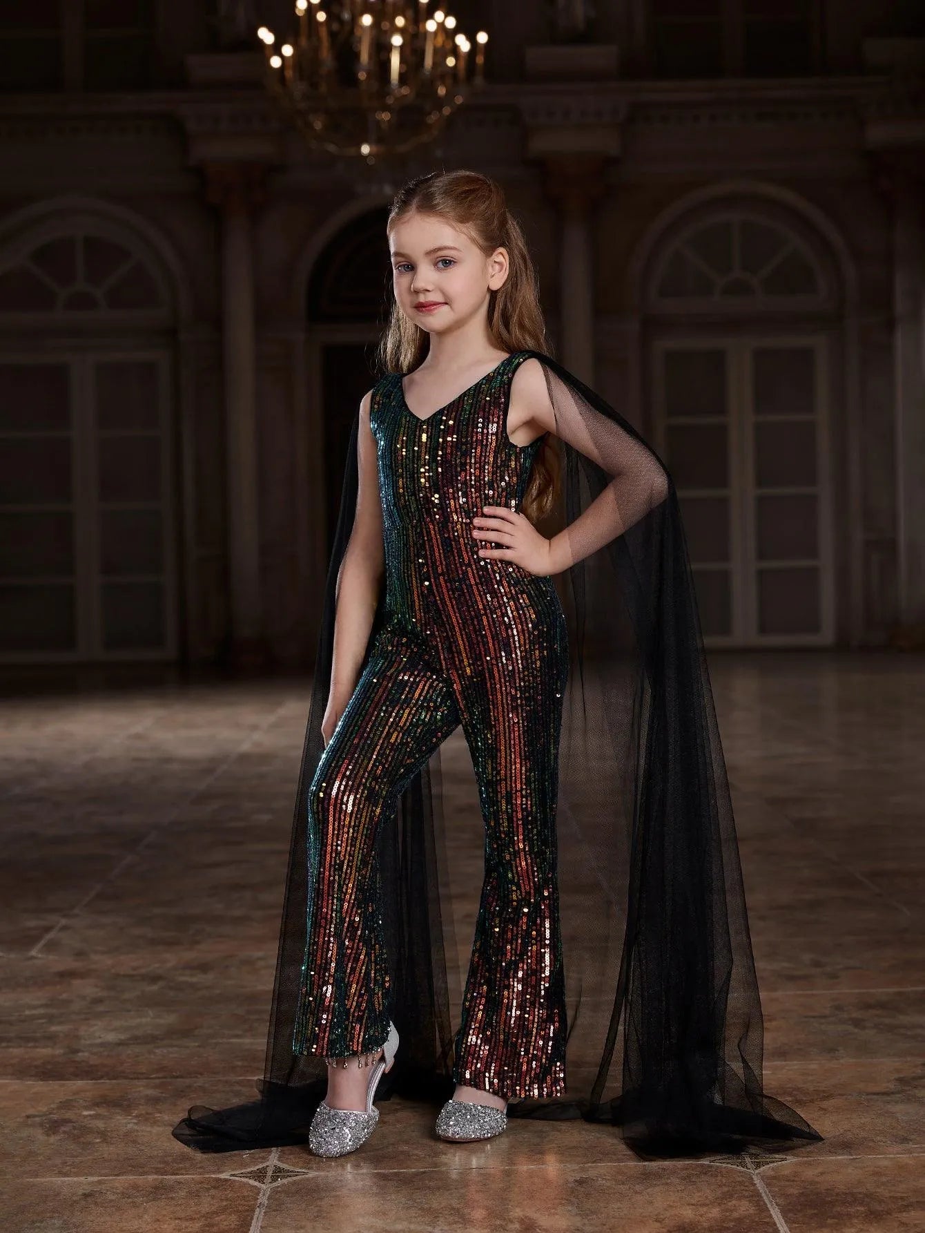 Tween Girls' V Neck Mesh Cape Sleeves Sequin Jumpsuit