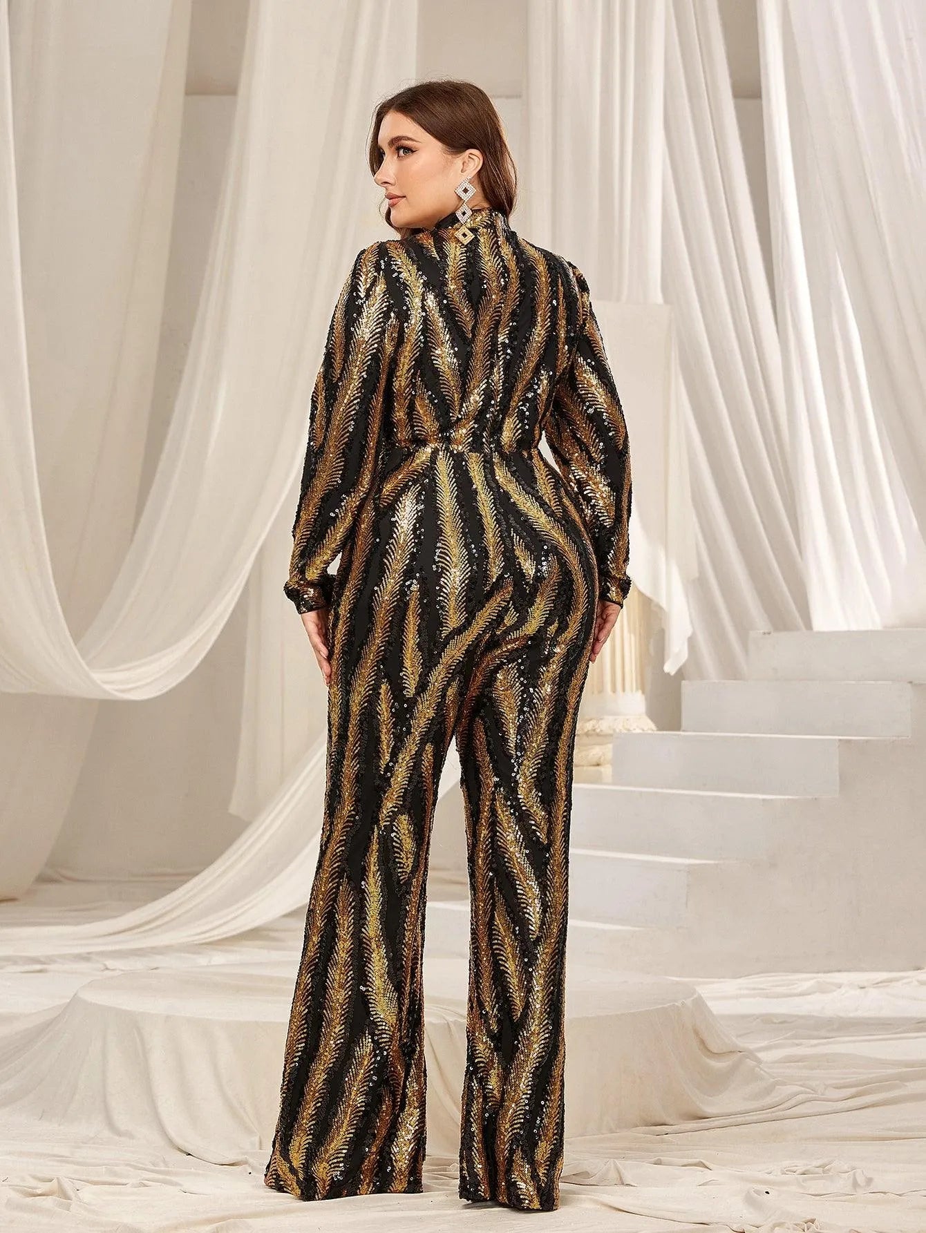 Plus Mock Neck Long Sleeves Graphic Sequin Jumpsuit