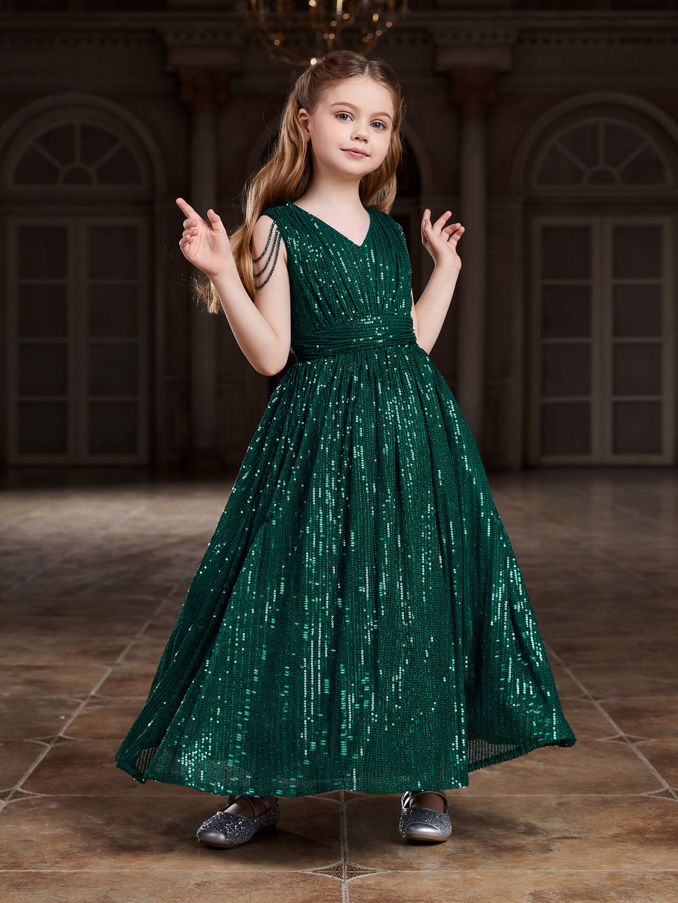 Tween Girls' V Neck Chain Detail Sequin Party Dress