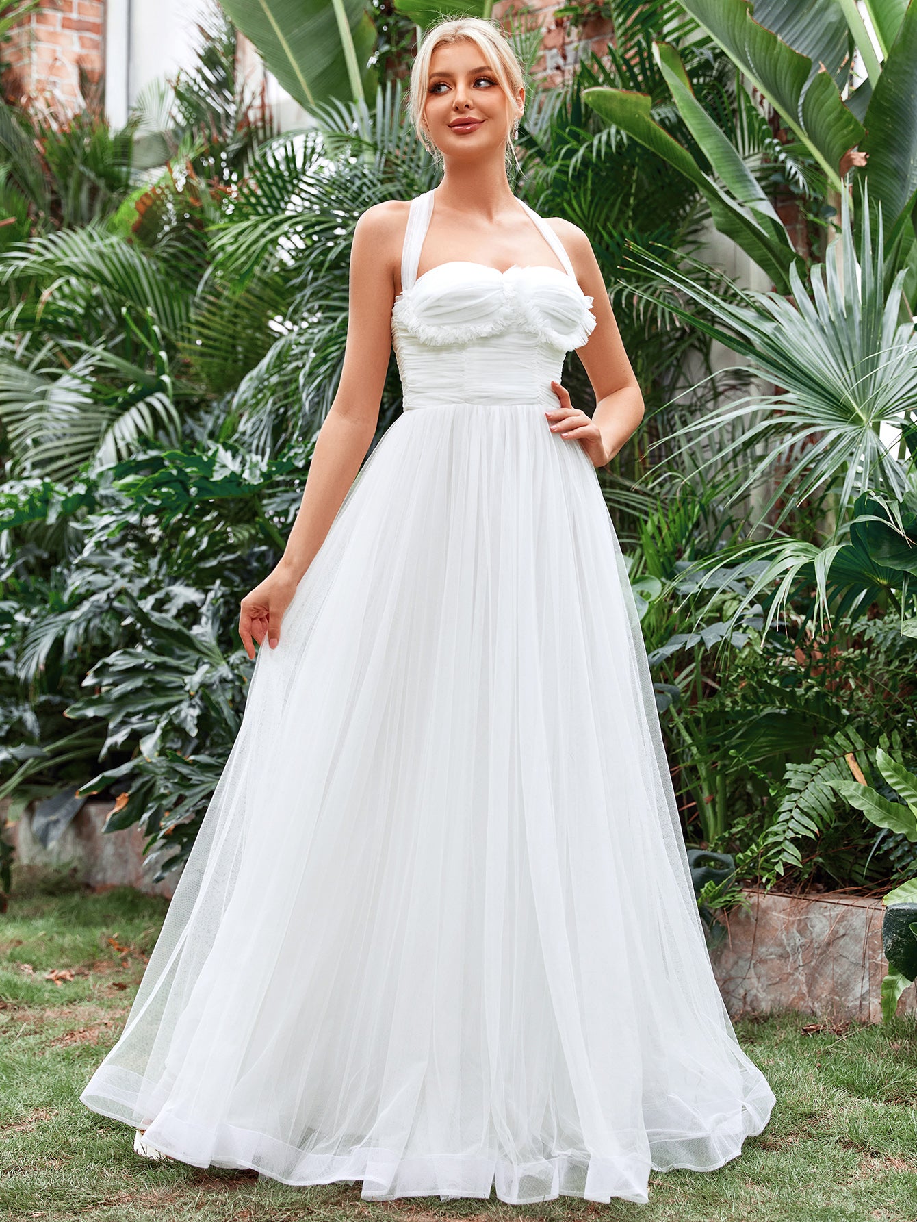 Halter Neck Applique Ruched Bustier Mesh Wedding Dress