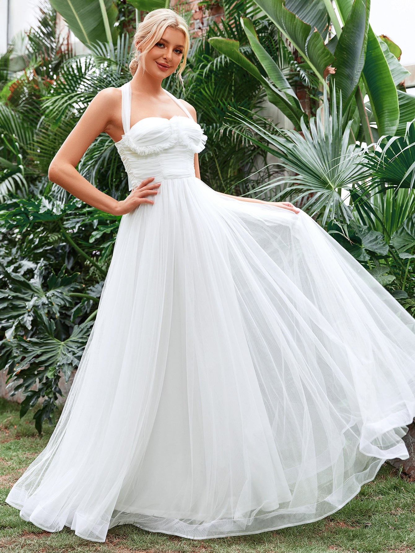 Halter Neck Applique Ruched Bustier Mesh Wedding Dress