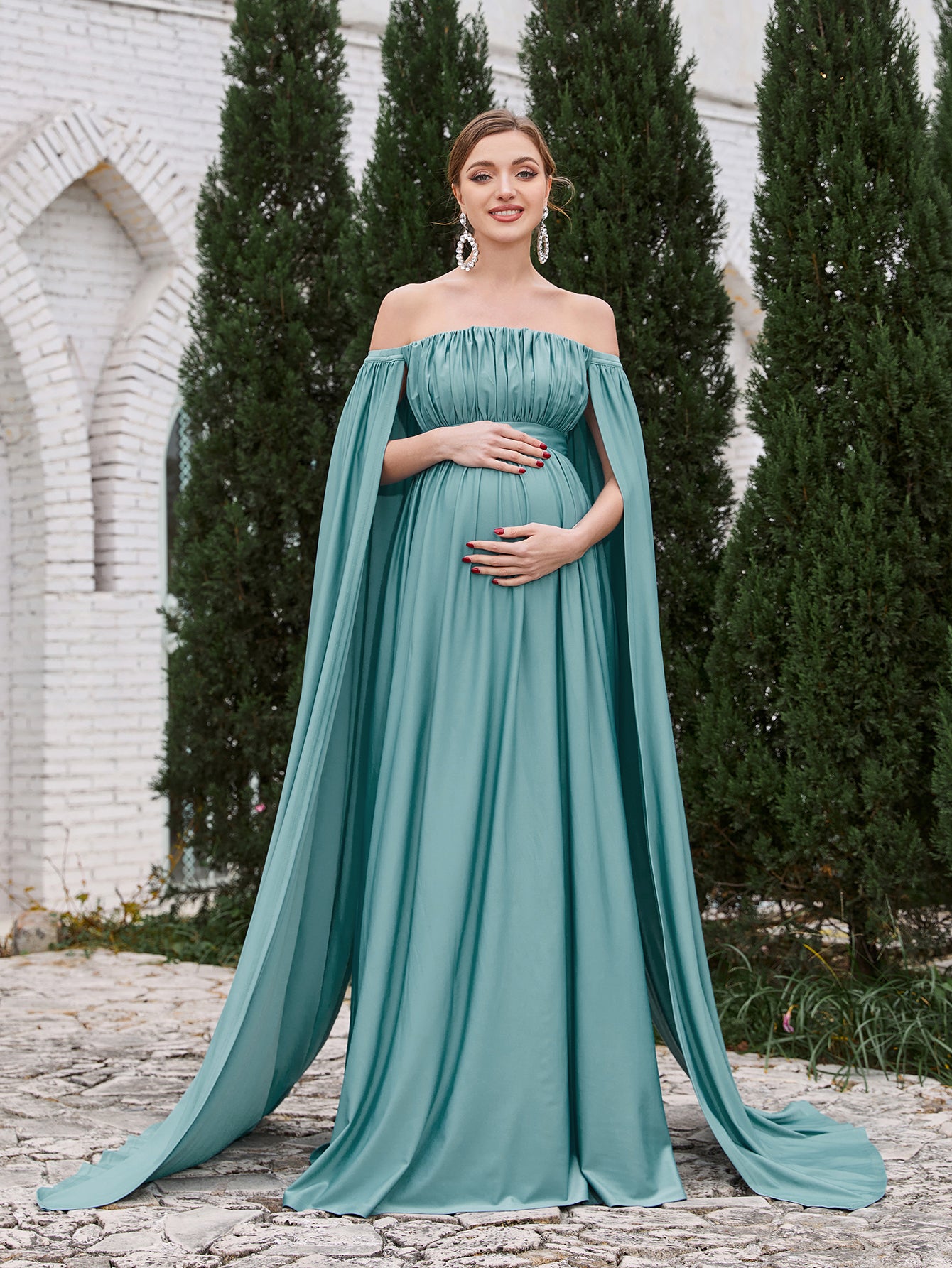 Maternity Off Shoulder Cape Sleeves Maxi Prom Dress