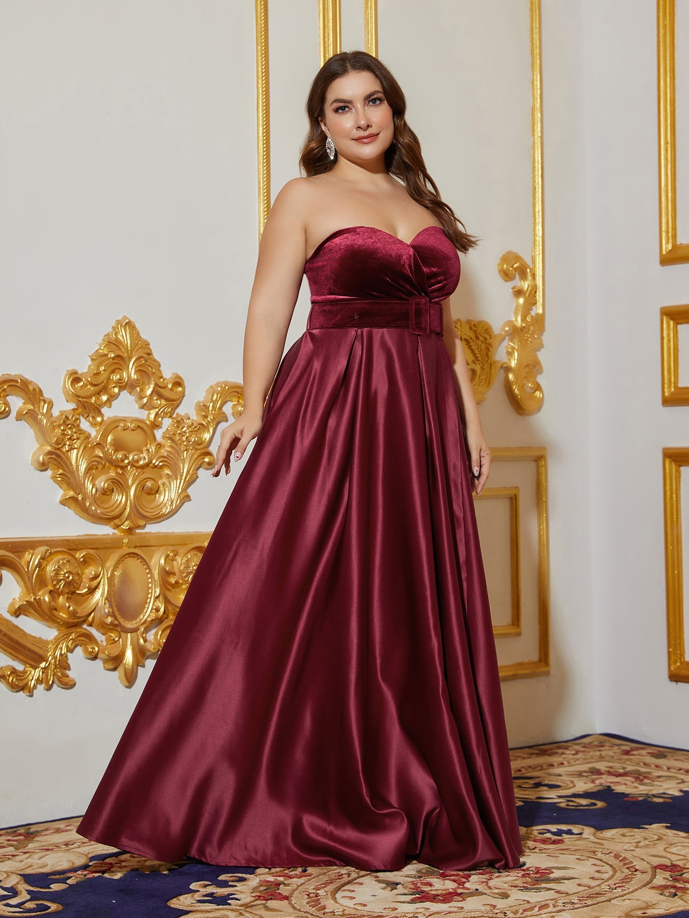 Plus Velvet Bodice Contrast Satin Hem Tube Prom Dress