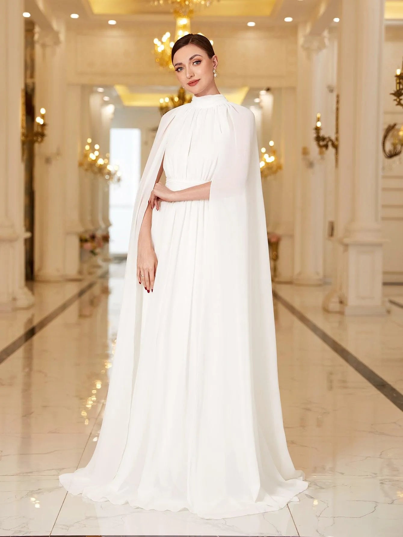 Elegant Mock Neck Cloak Sleeve Chiffon Formal Dress