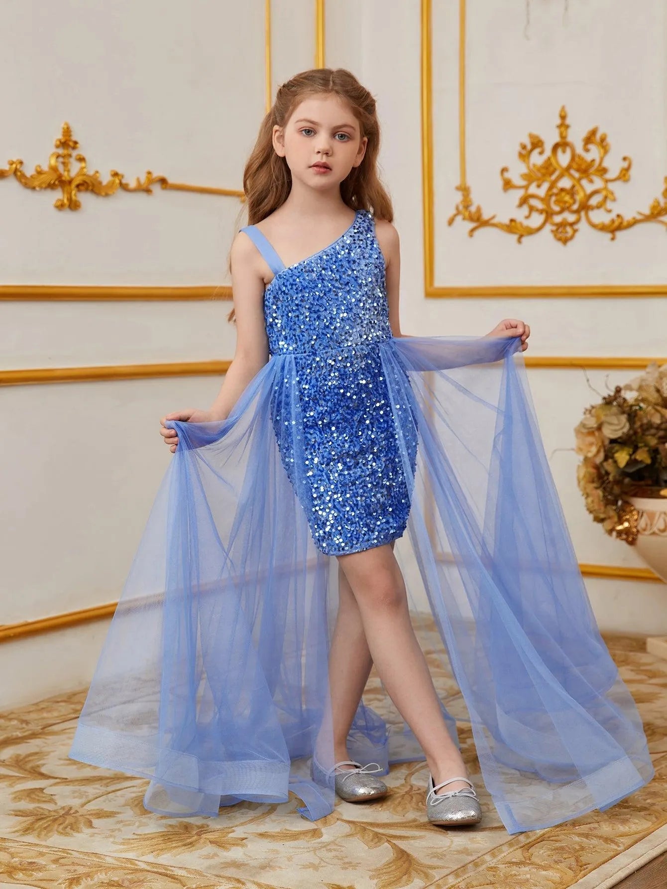 Tween Girls' Asymmetrical Neckline Mesh Overlay Sequin Dress