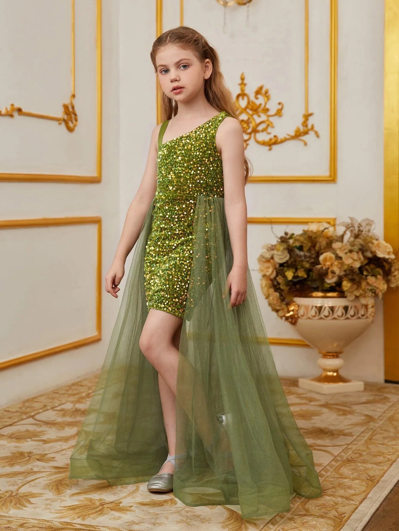 Tween Girls' Asymmetrical Neckline Mesh Overlay Sequin Dress