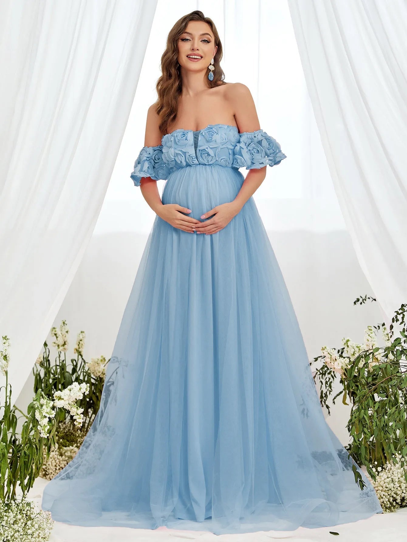 Maternity Flower Applique Off Shoulder Mesh A Line Dress