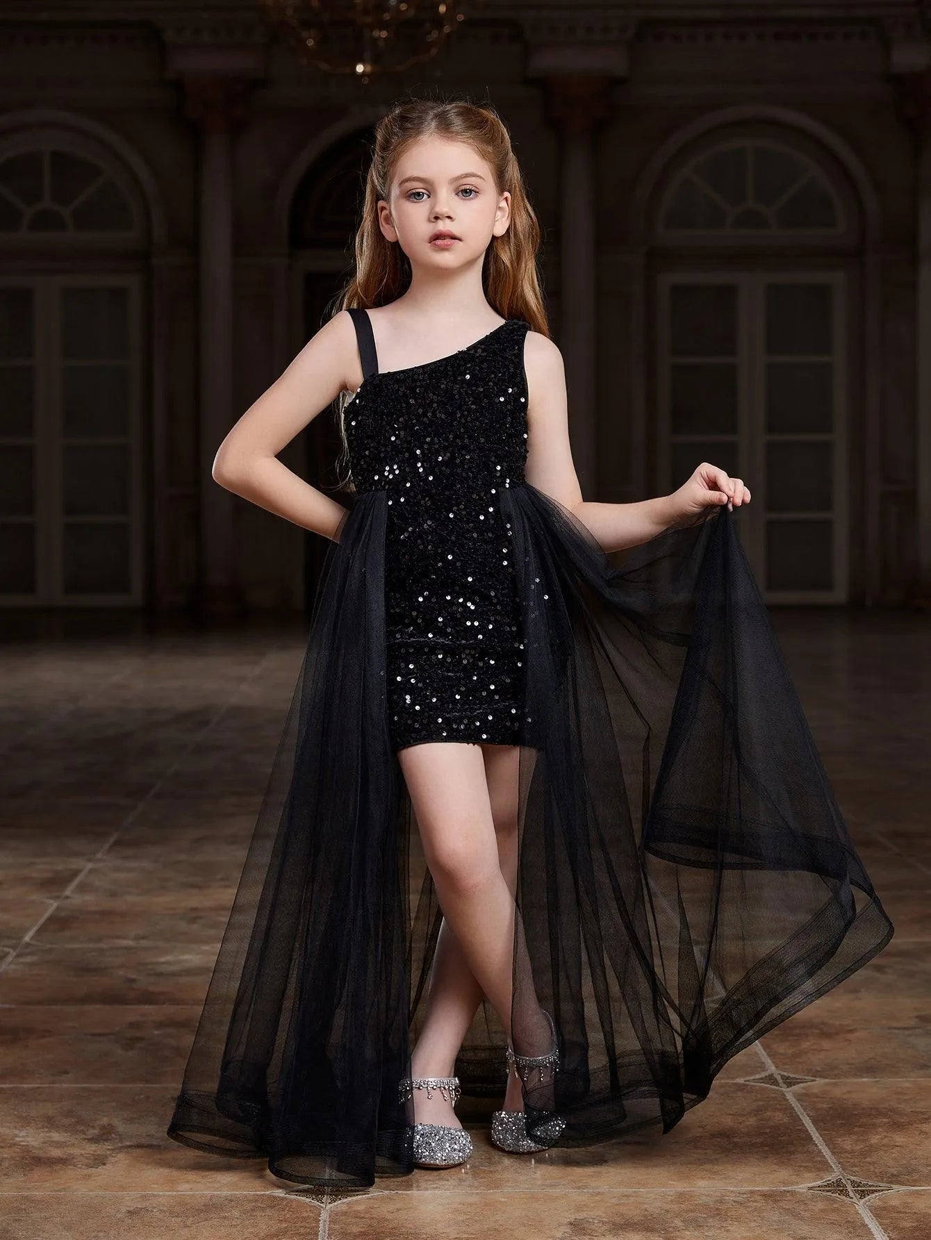 Tween Girls' Asymmetrical Neckline Mesh Overlay Sequin Dress