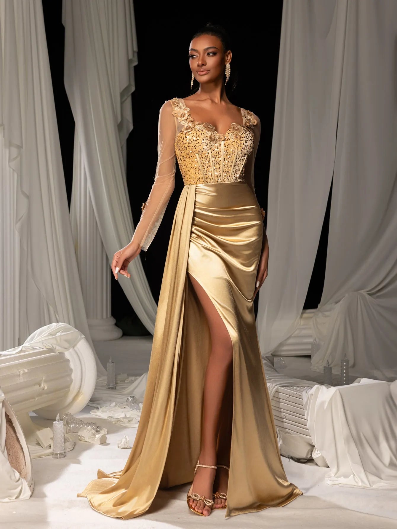 Elegant Sequin Bodice Sheer Sleeves Mermaid Hem Satin Evening Dress