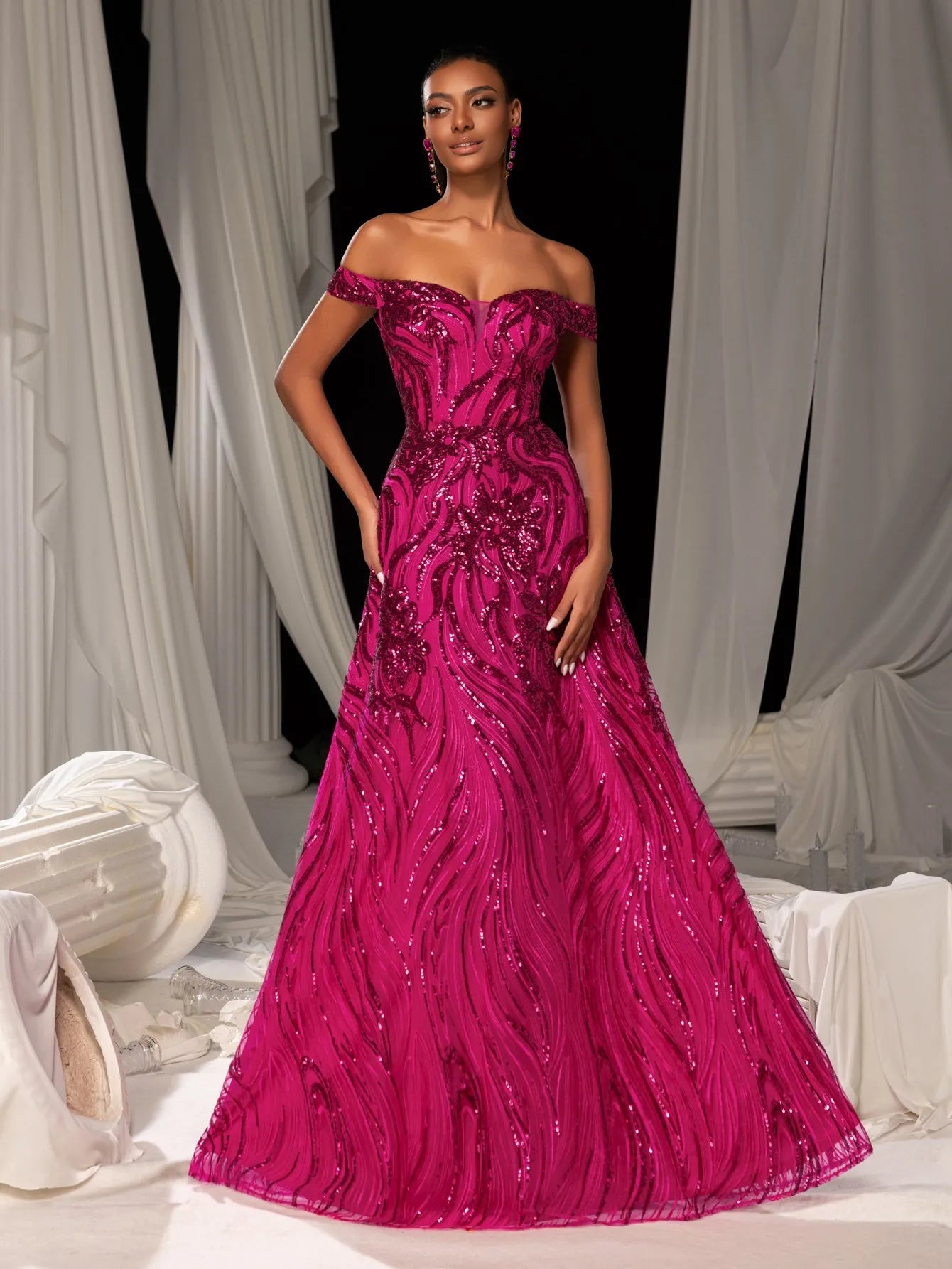 Elegant Off Shoulder Graphic Sequin Formal Prom Dress