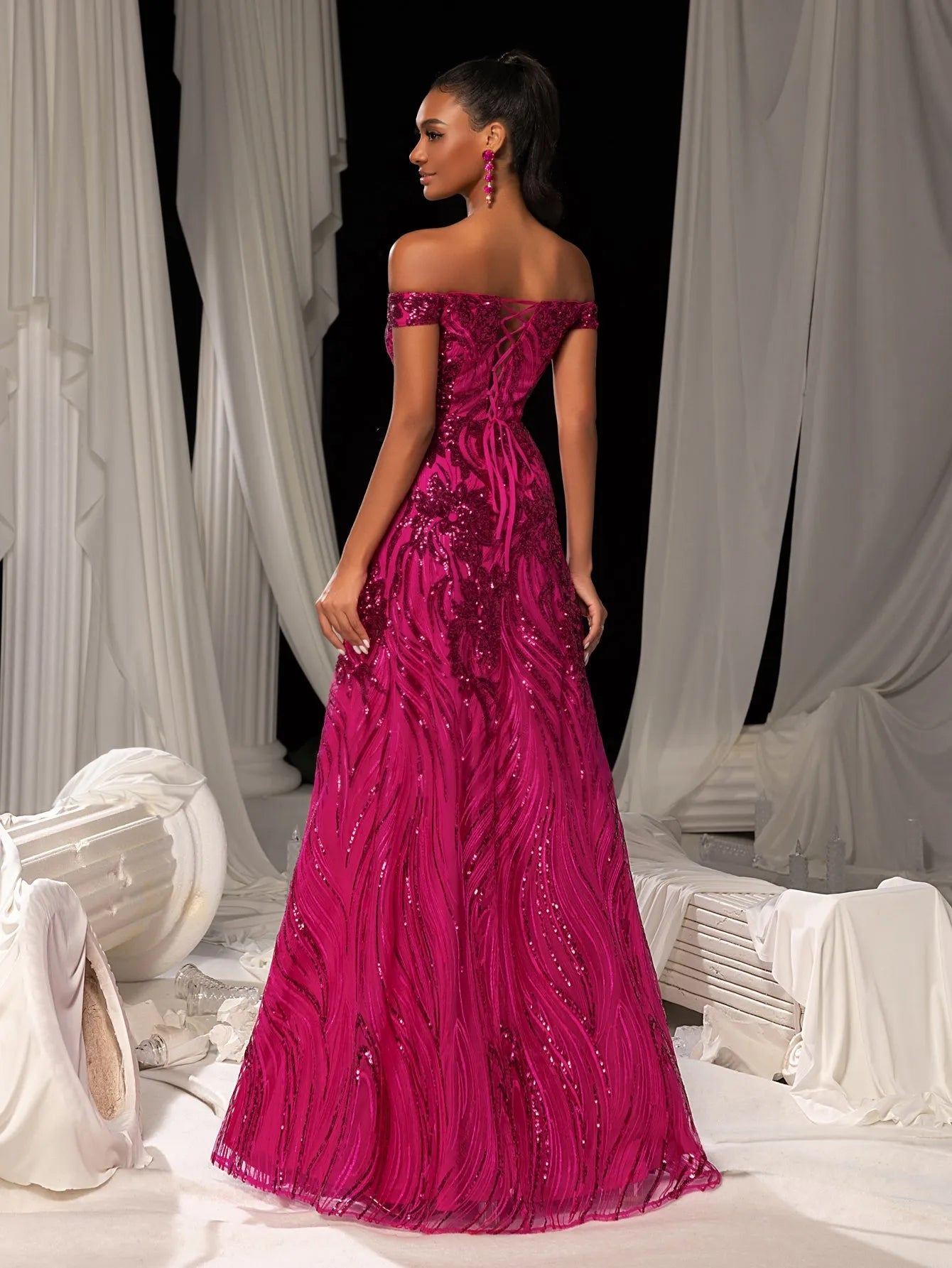 Elegant Off Shoulder Graphic Sequin Formal Prom Dress