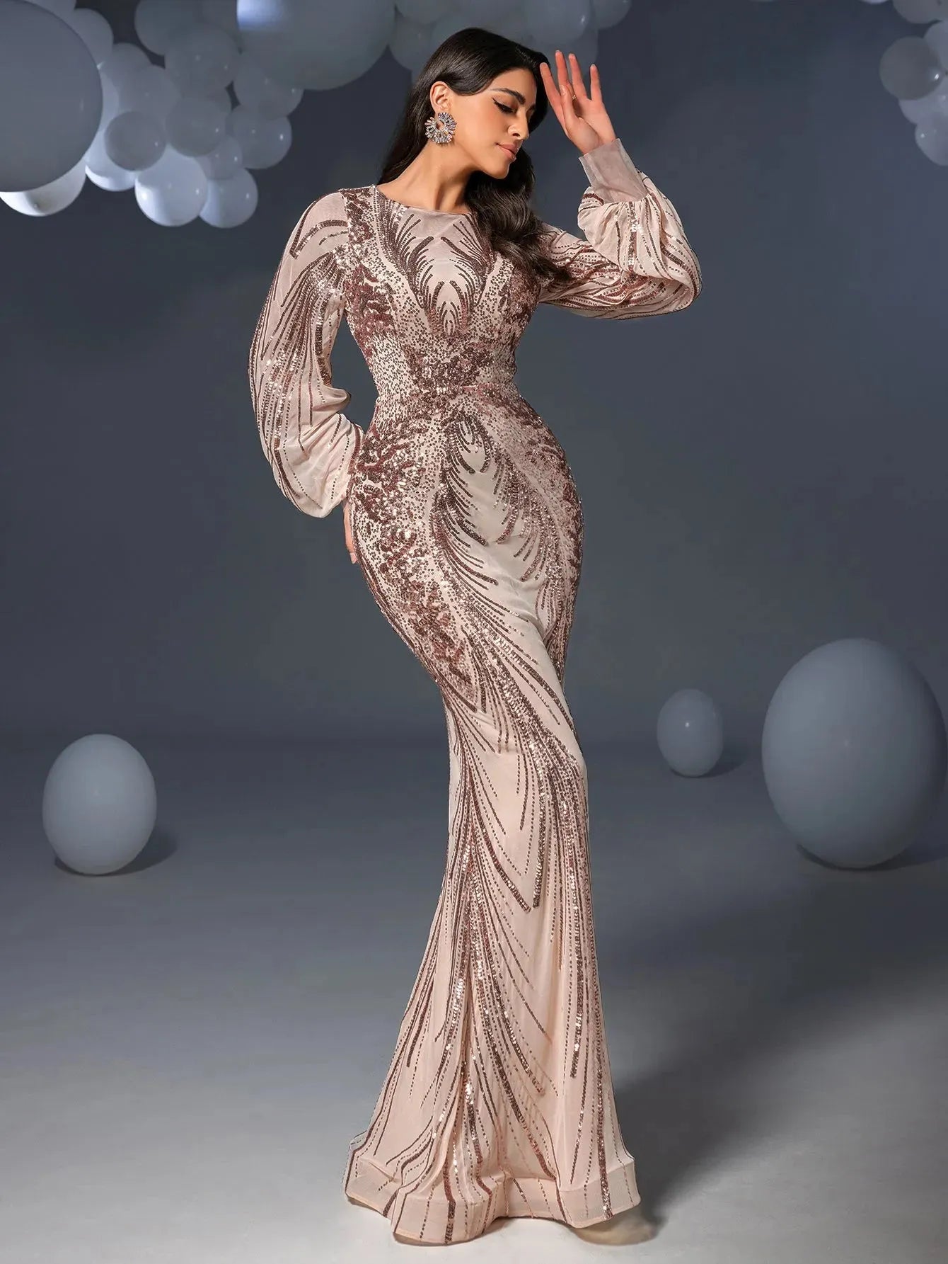 Gorgeous Lantern Sleeves Mermaid Hem Graphic Sequin Evening Dress