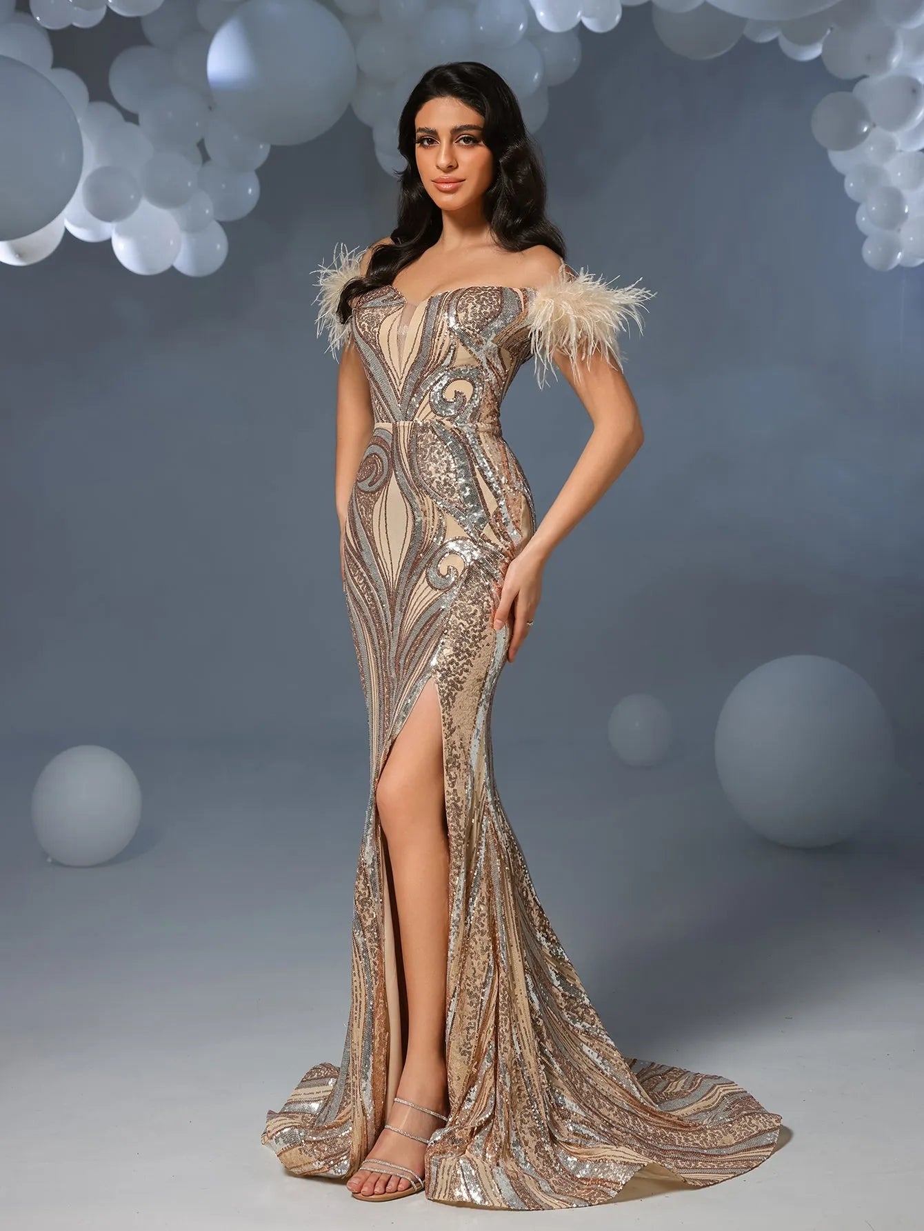 Luxury Feather Decoration Off Shoulder Mermaid Hem Graphic Sequin Evening Dress