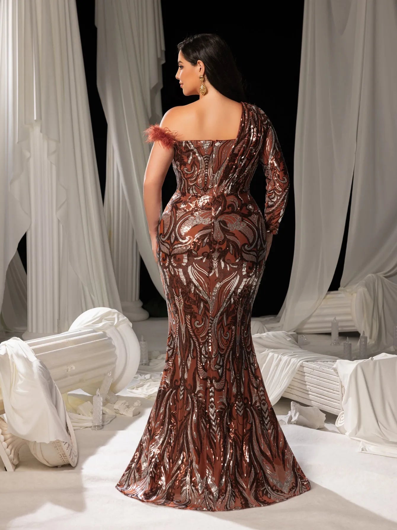 Plus One Shoulder Ruched Wrap Hem Sequin Prom Dress