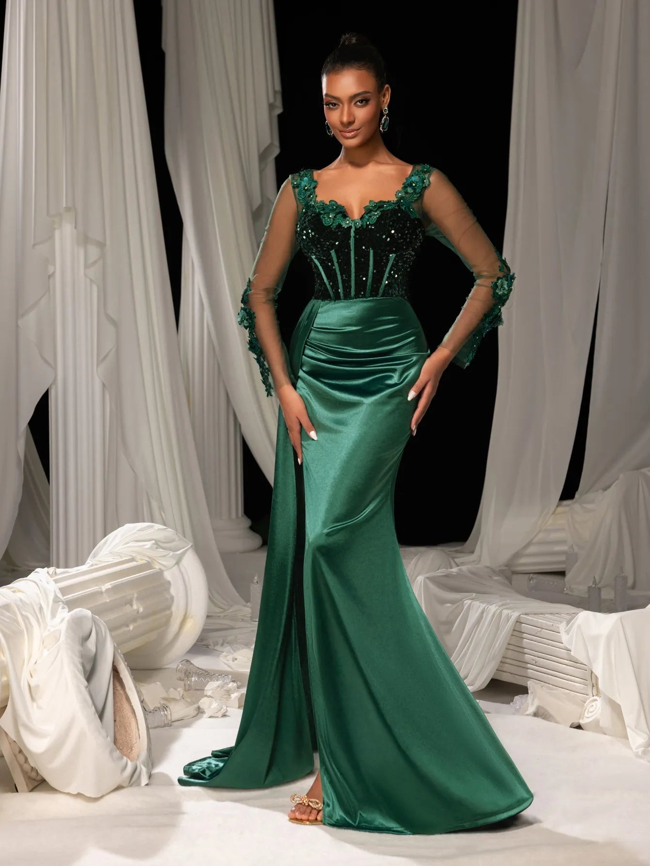 Elegant Sequin Bodice Sheer Sleeves Mermaid Hem Satin Evening Dress