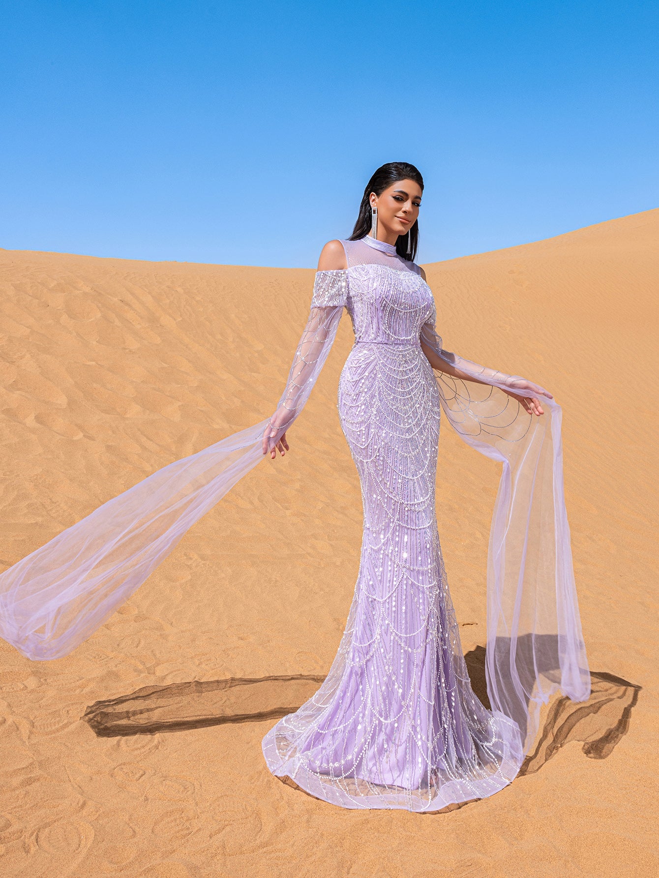 Luxury Gorgeous Rhinestone Detail Cape Sleeves Mermaid Hem Beaded Seuqin Evening Dress