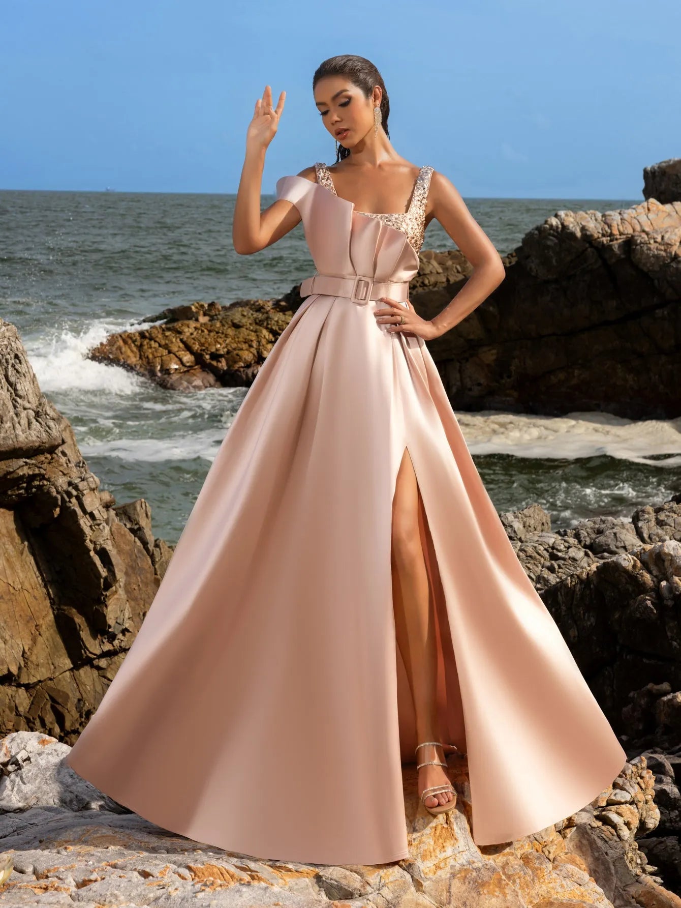 Elegant Square Collar Buckle Belted Split Satin Prom Dress