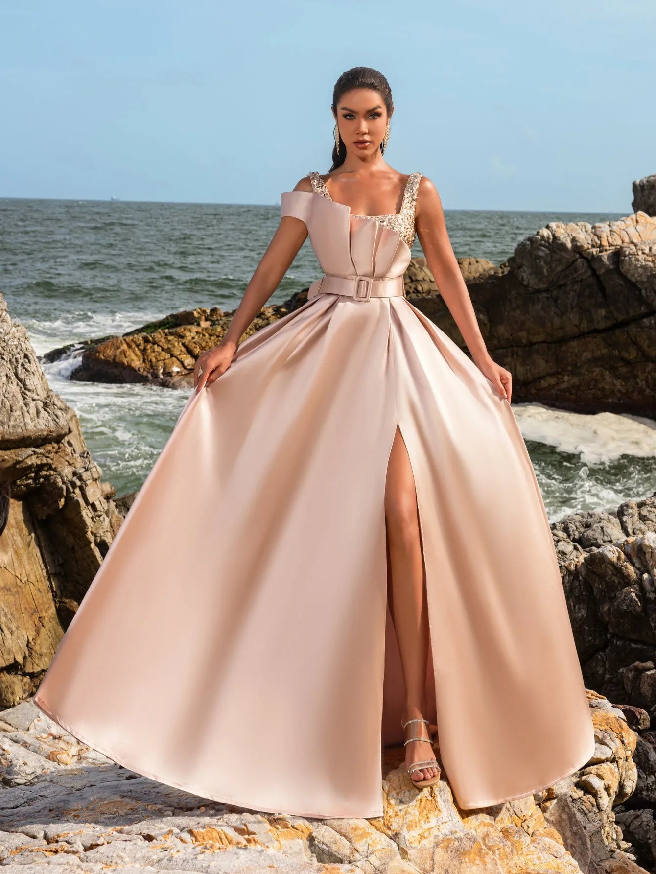 Elegant Square Collar Buckle Belted Split Satin Prom Dress