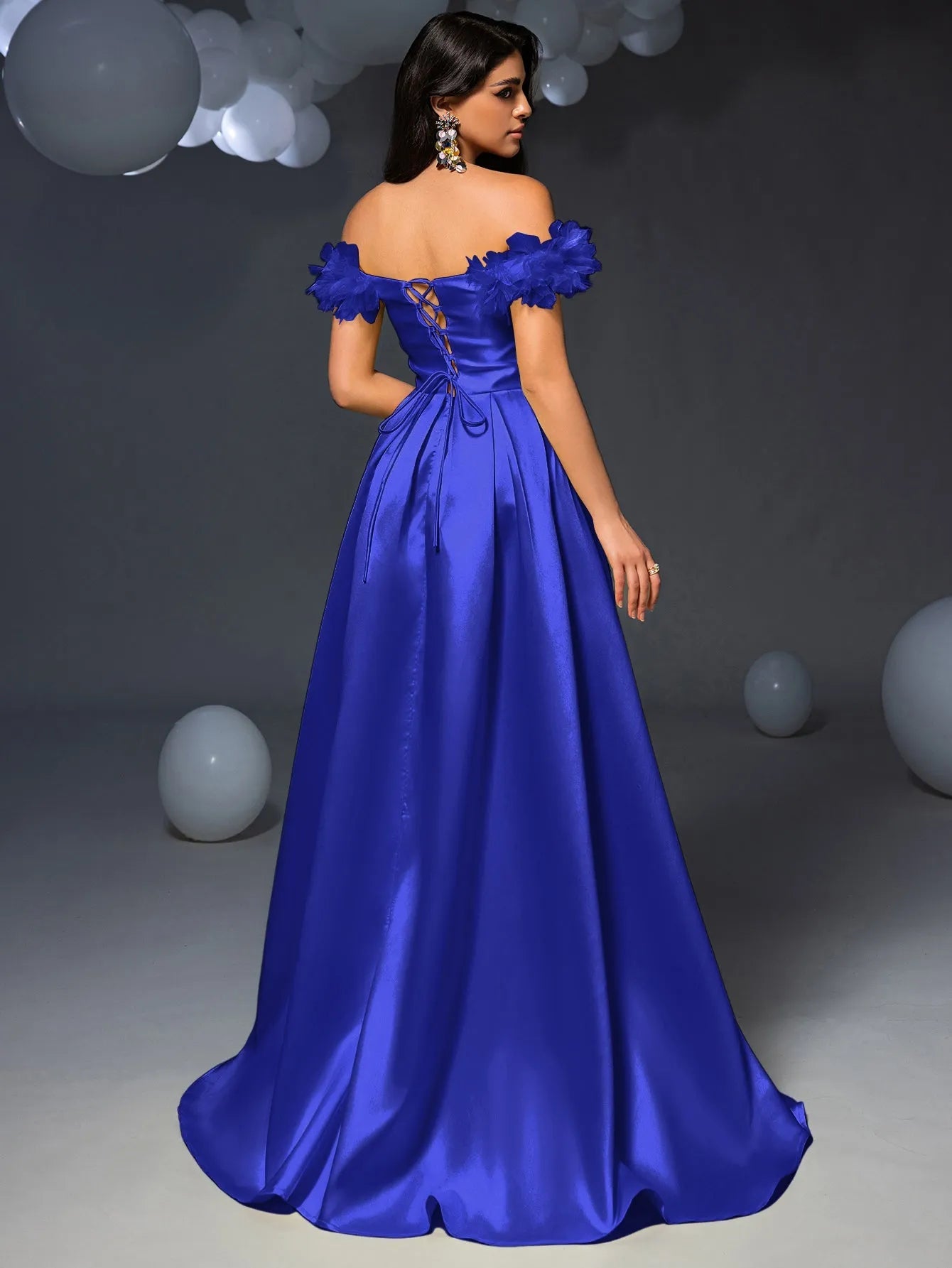 Elegant Off Shoulder Ruched Front Split Satin Prom Dress