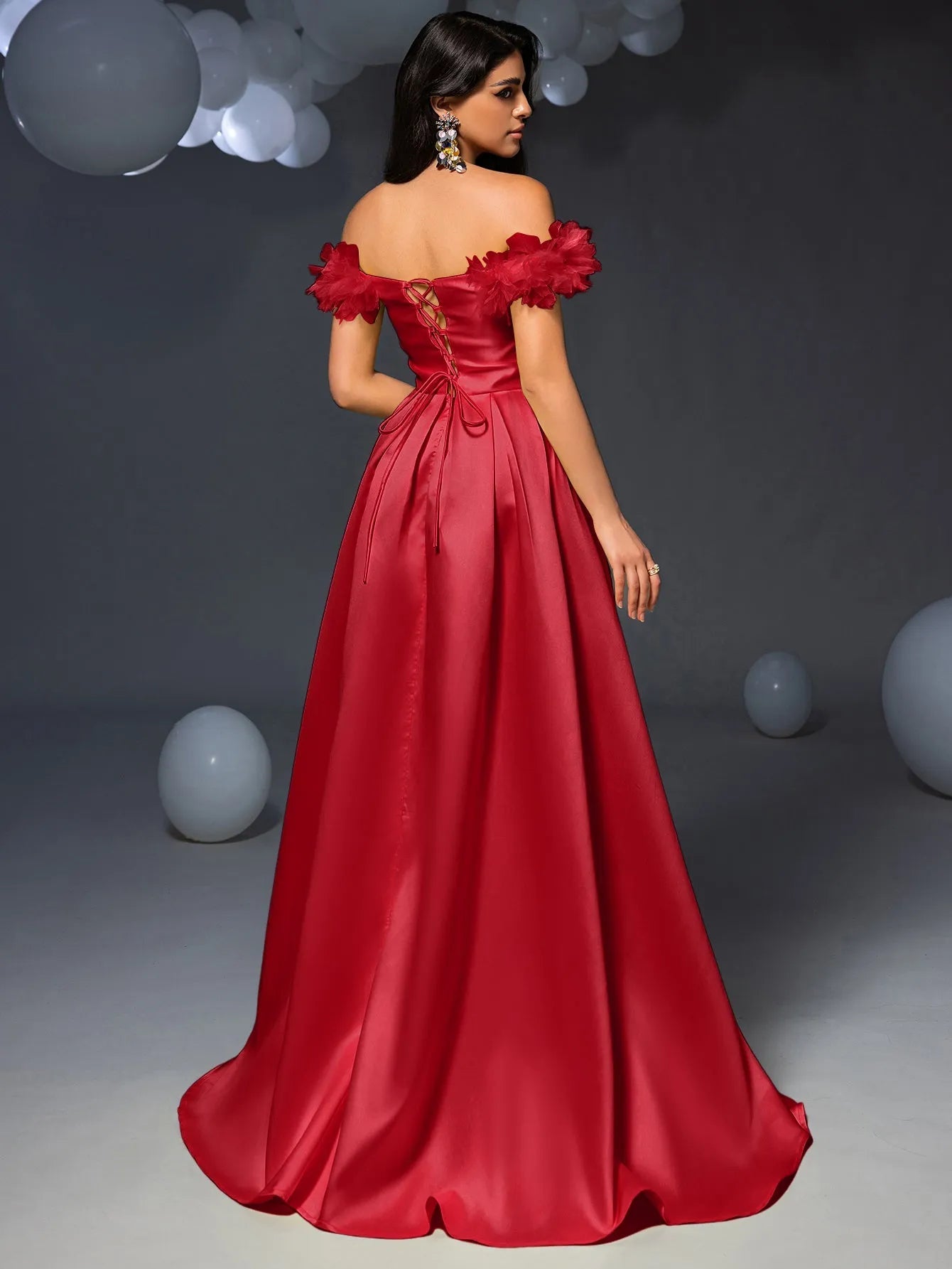 Elegant Off Shoulder Ruched Front Split Satin Prom Dress