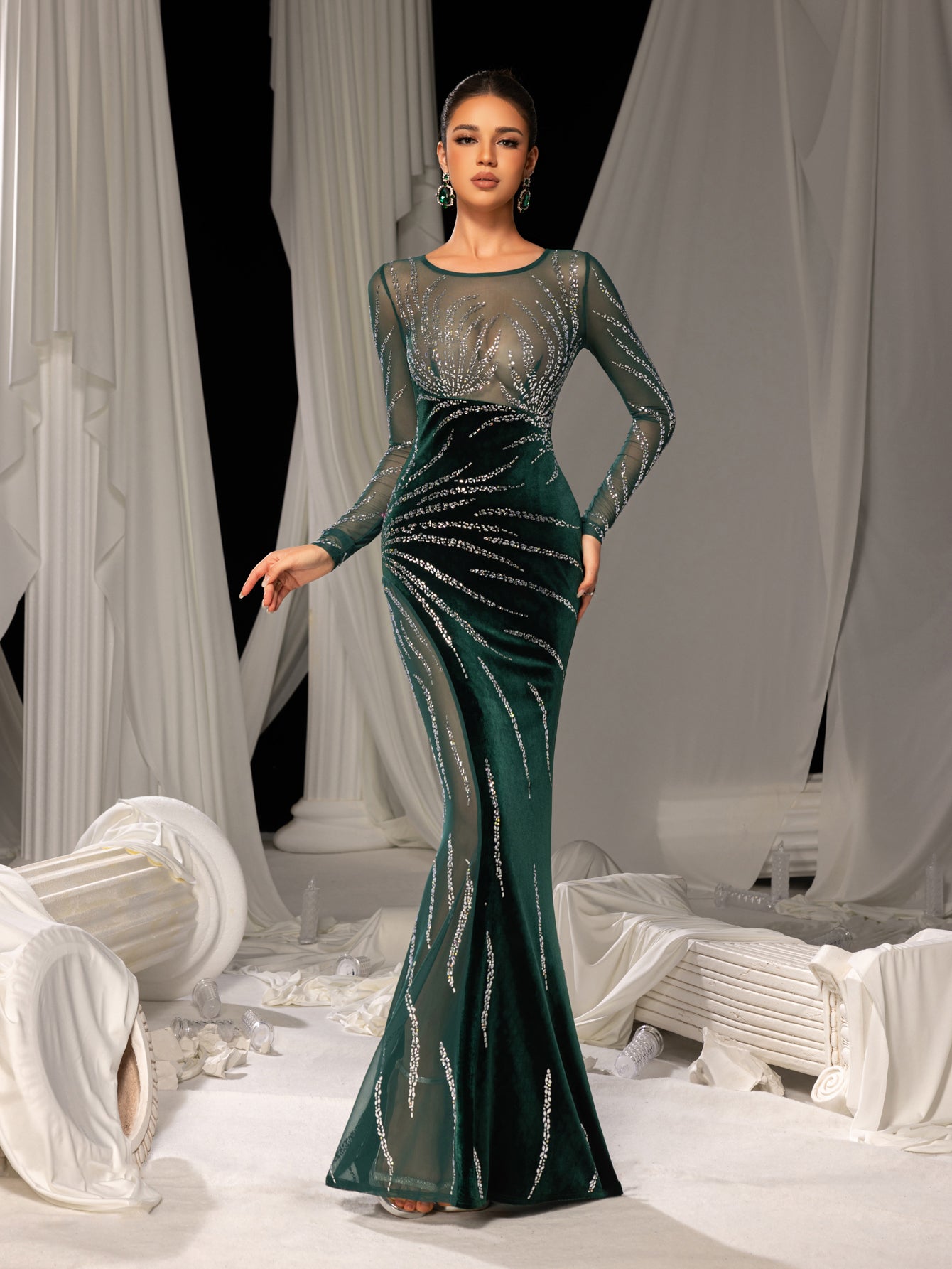 Gorgous Rhinestone Embellished Sheer Sleeves Mermaid Hem Velvet Evening Dress