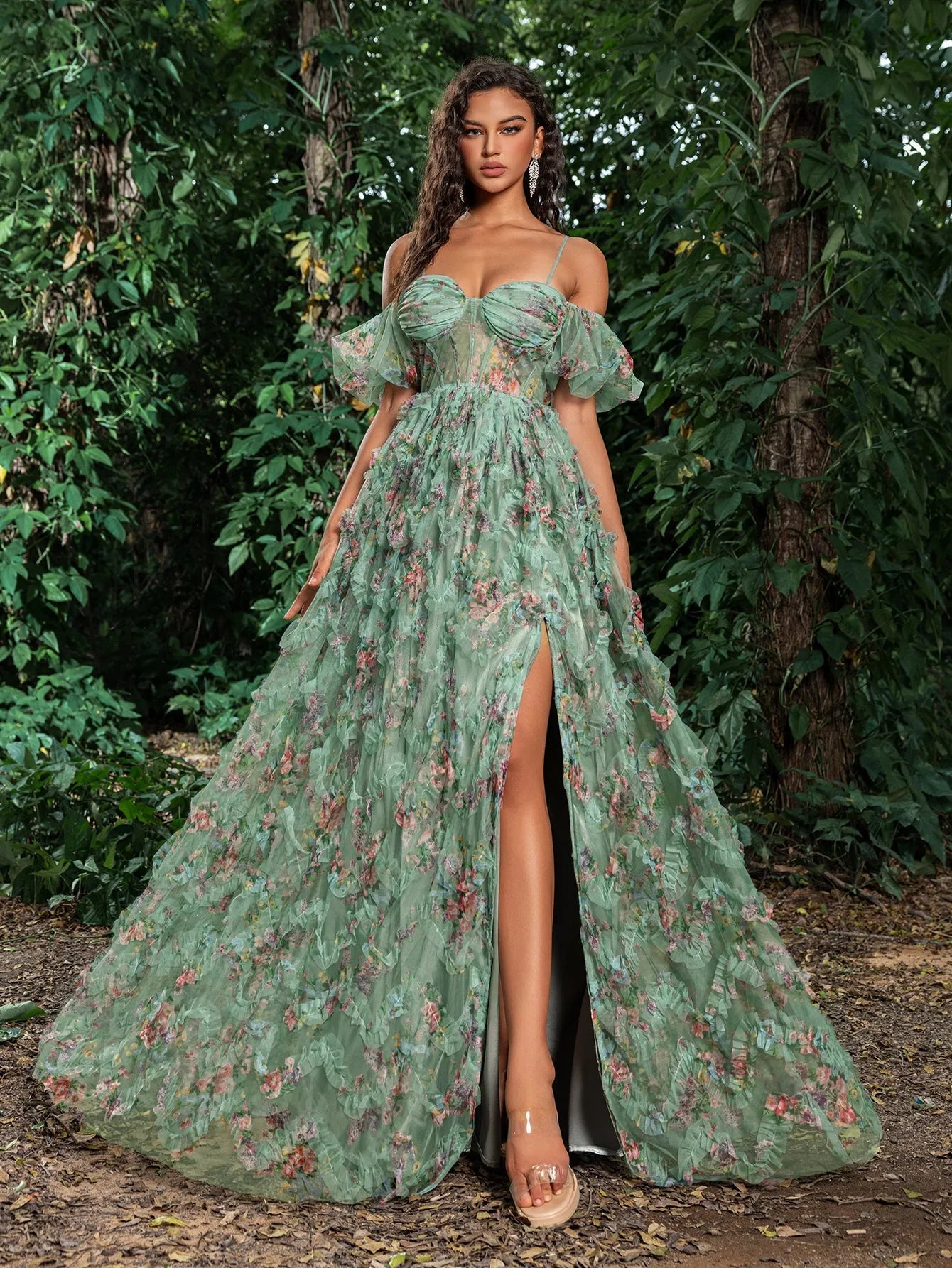 Floral Tulle Off Shoulder Cascading Ruffle Hem Slip Prom Dress