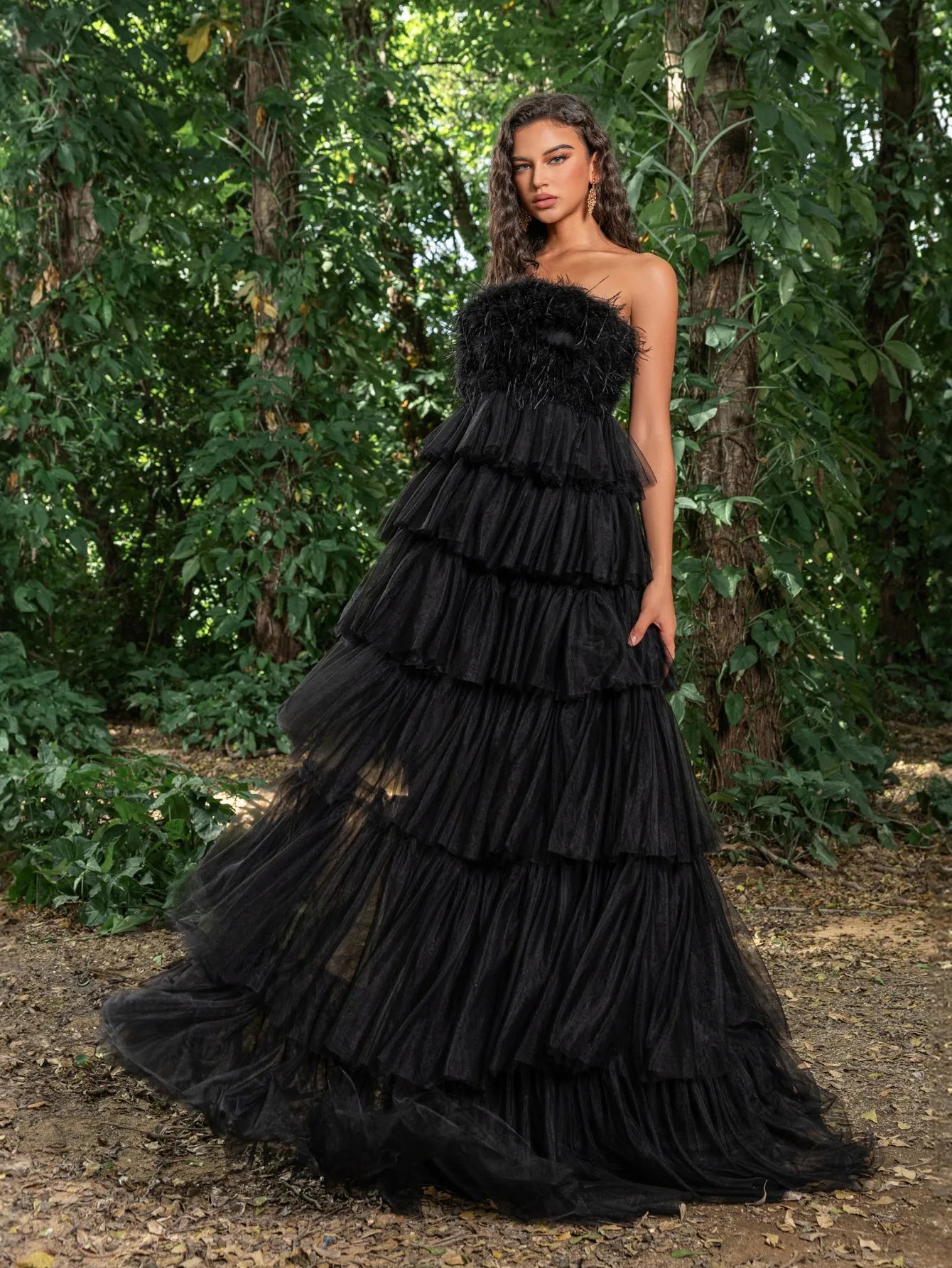 Luxury Feather Bodice Layered Ruffle Tulle Hem Prom Tube Dress