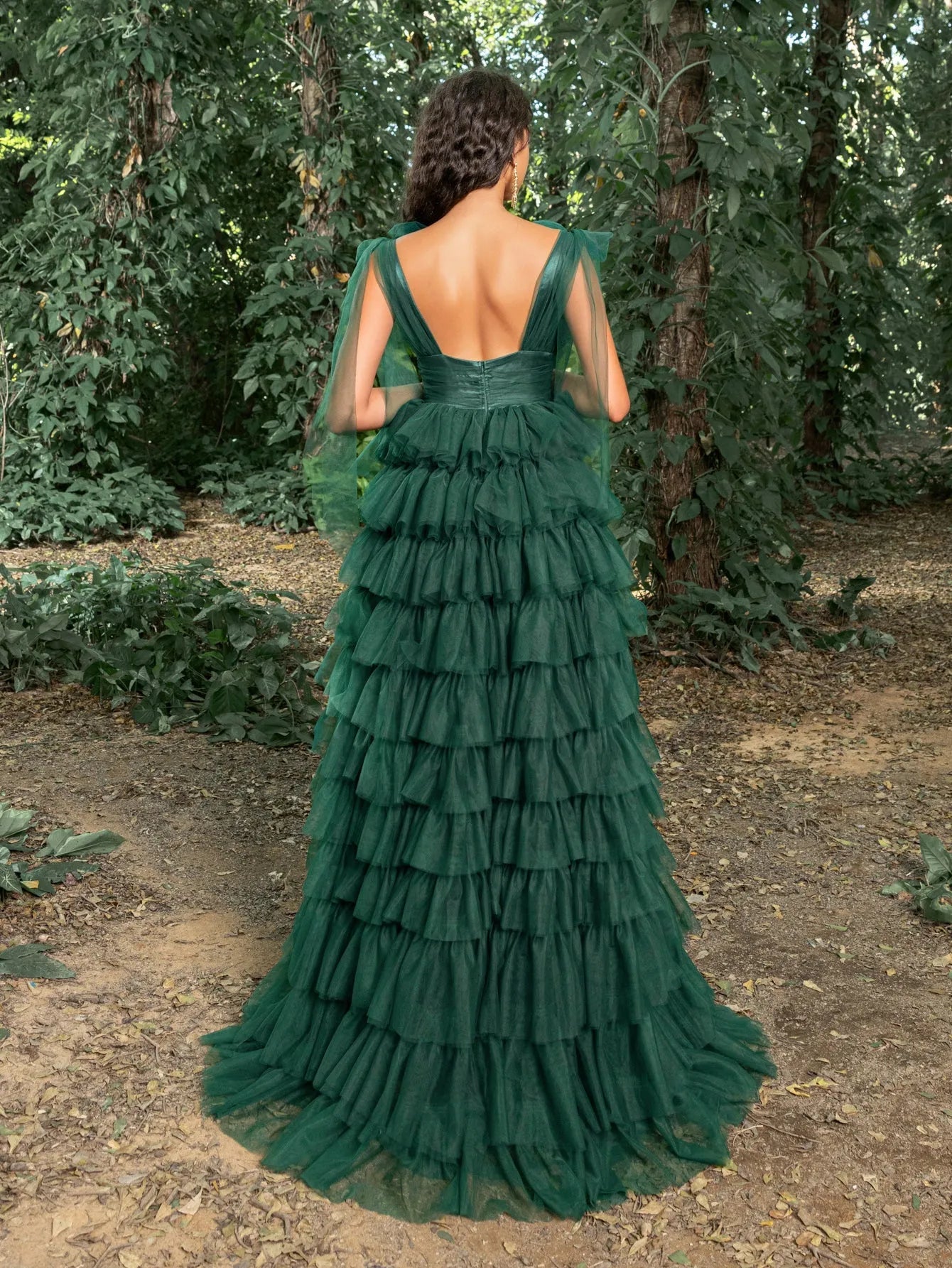 Gorgeous Plunging Neck Backless Cascading Ruffle Tulle Prom Dress