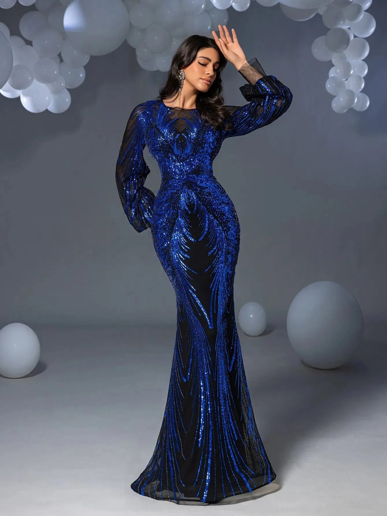 Gorgeous Lantern Sleeves Mermaid Hem Graphic Sequin Evening Dress