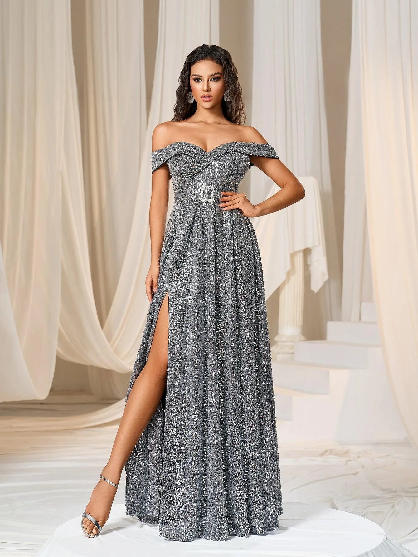 Off Shoulder Buckle Belted Sequin Dress