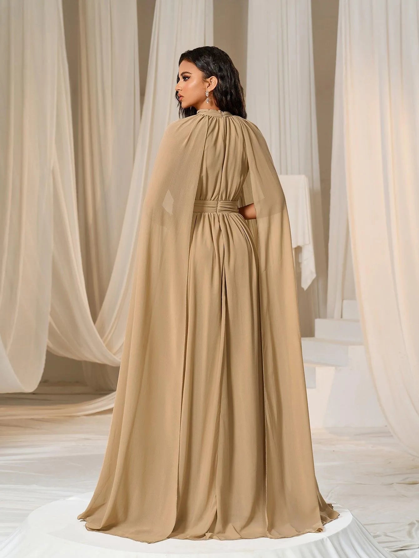 Elegant Mock Neck Cloak Sleeve Chiffon Formal Dress