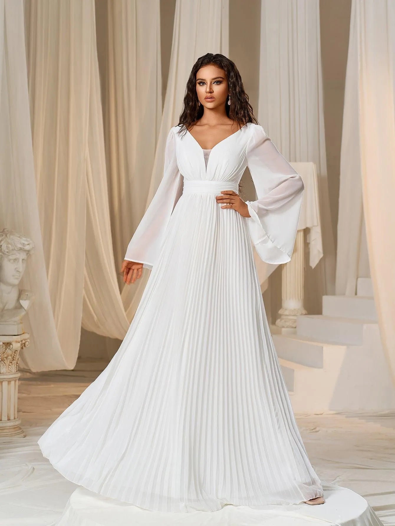 Plunging Neck Flared Sleeves Pleated Chiffon Dresses