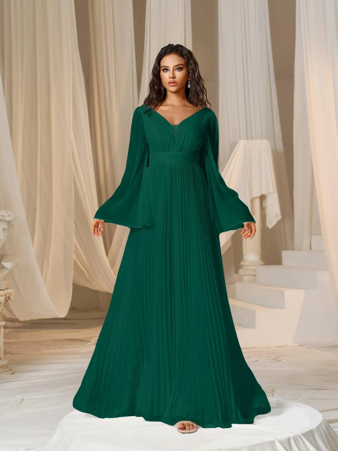 Plunging Neck Flared Sleeves Pleated Chiffon Dresses