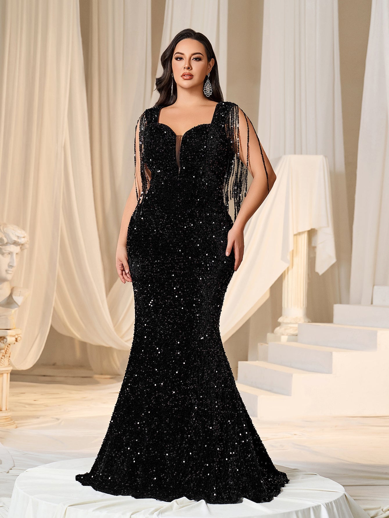 Plus Sweetheart Neck Mermaid Hem Sequin Fringed Evening Dress