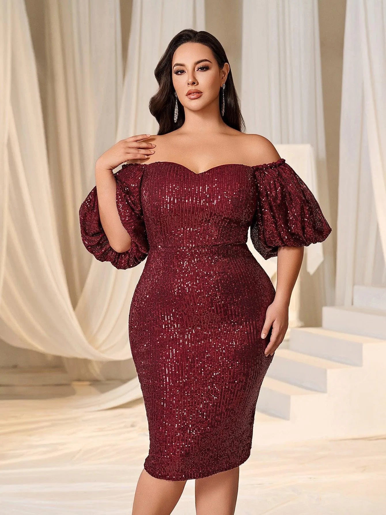 Plus Off Shoulder Puff Sleeves Sequin Midi Dress