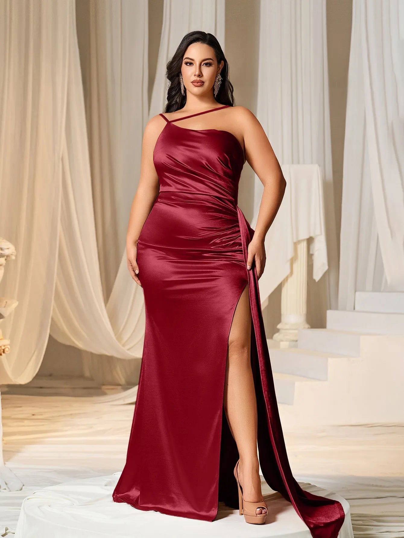 Plus Asymmetric Neckline Satin Mermaid Party Dress