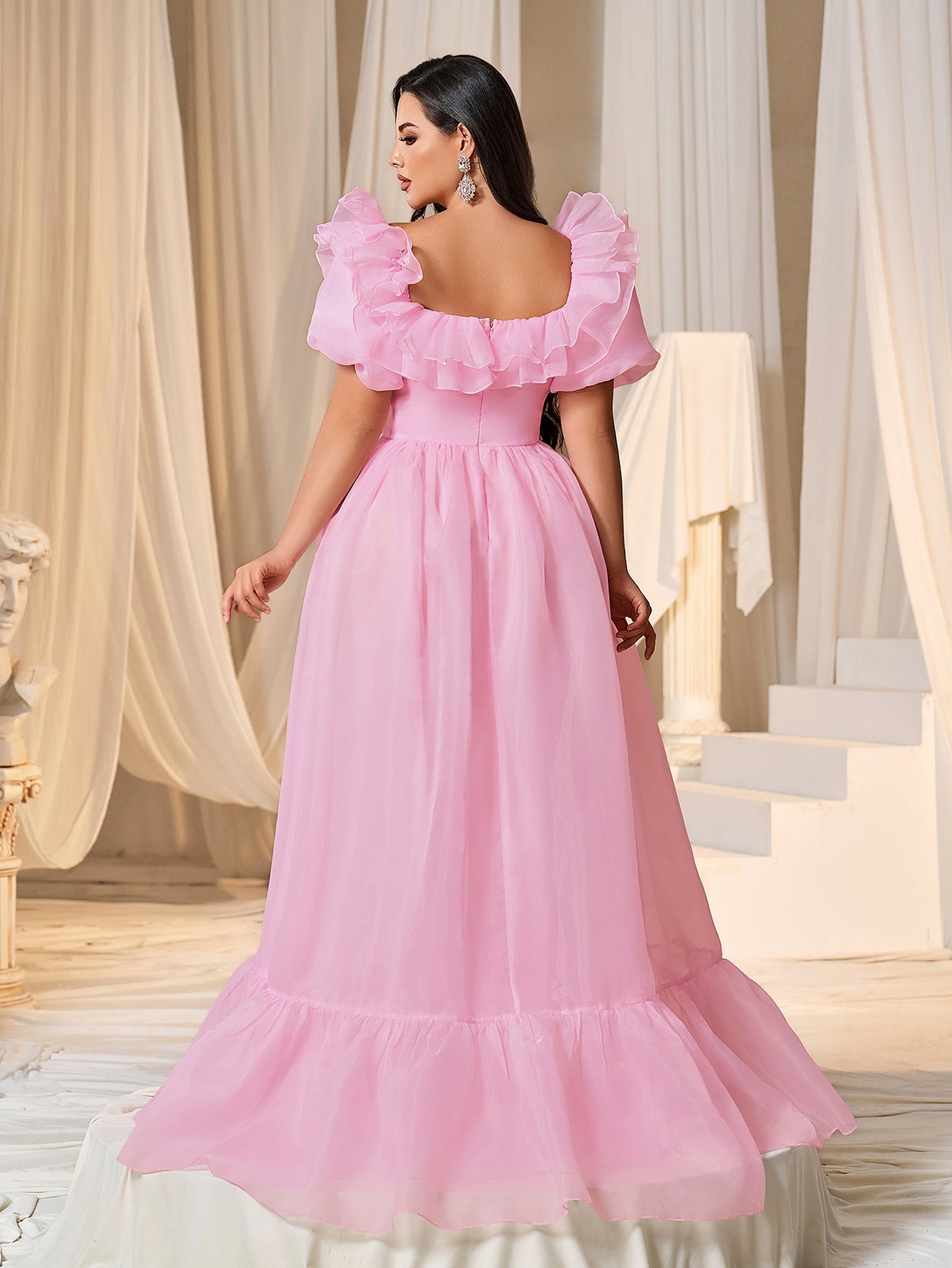 Plus Square Collar Ruffle Trim Puff Sleeves Organza Prom Dress