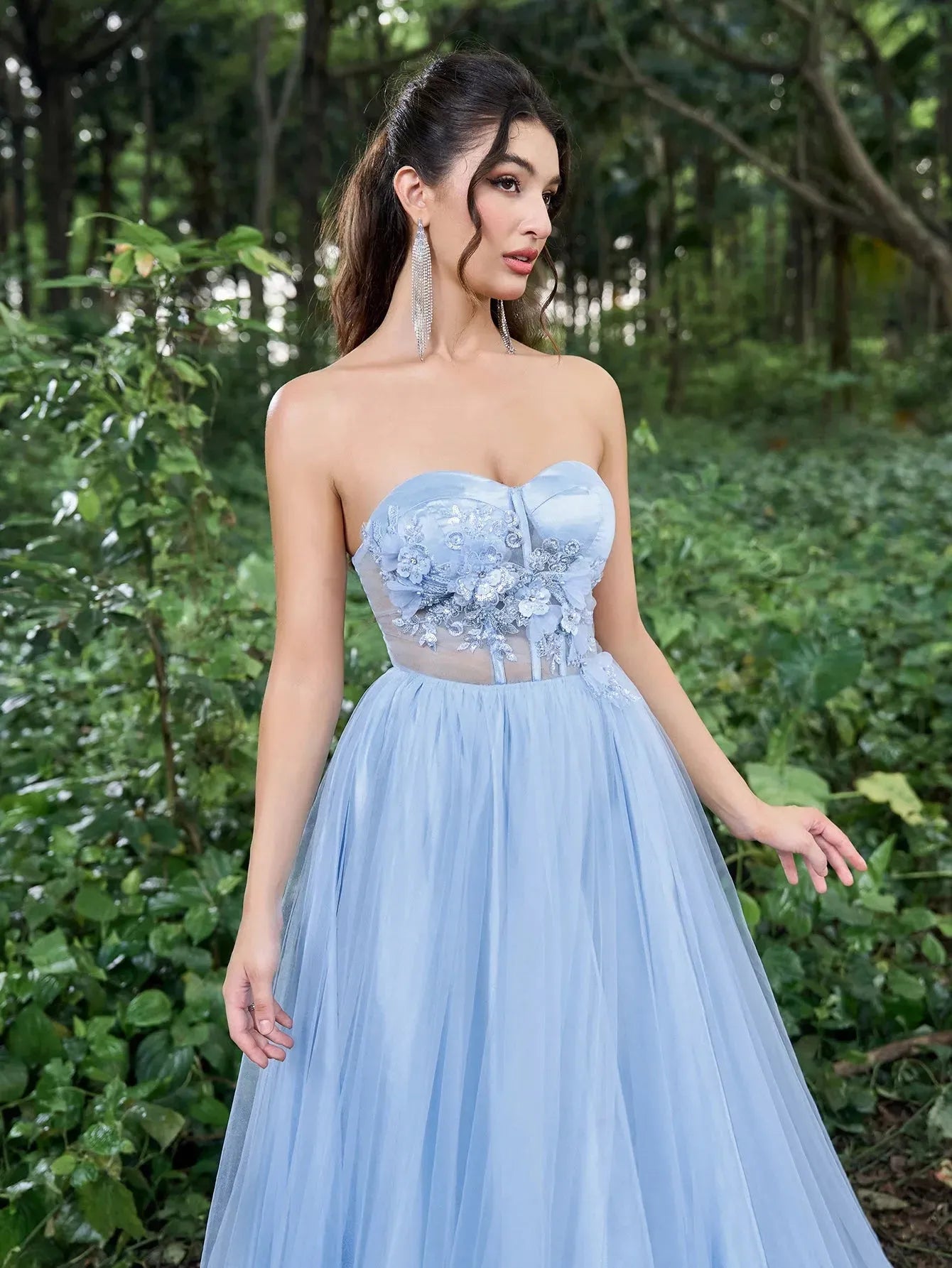 Gorgeous Applique Detail Sheer Bodice Tulle Prom Tube Dress