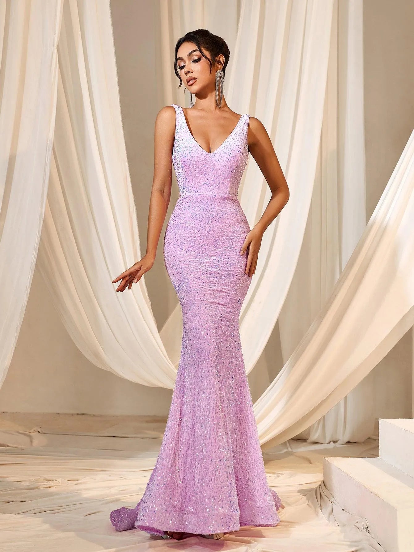 Plunging Neck Sleeveless Sequin Mermaid Dresses