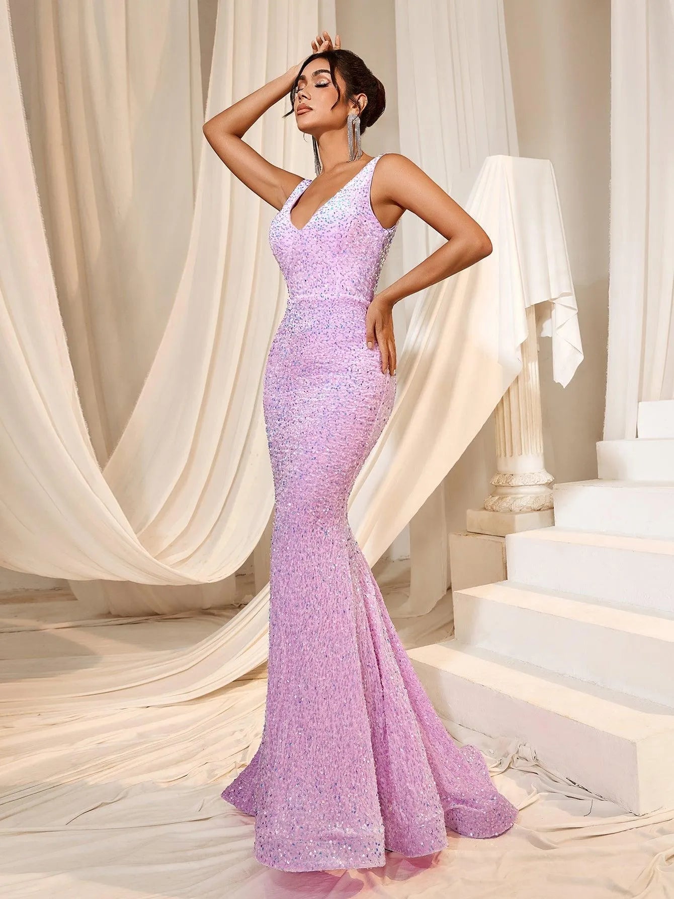 Plunging Neck Sleeveless Sequin Mermaid Dresses