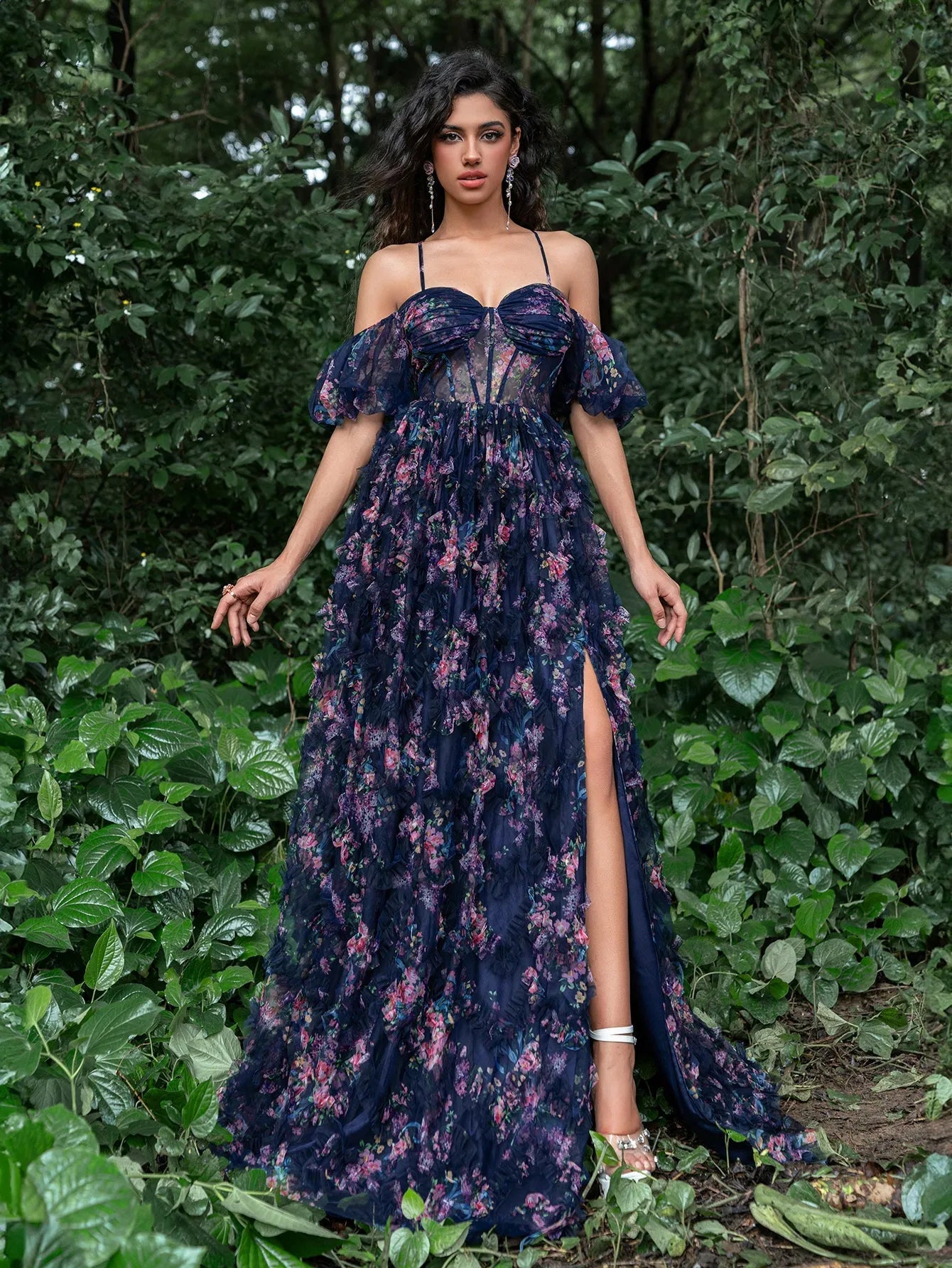 Floral Tulle Off Shoulder Cascading Ruffle Hem Slip Prom Dress