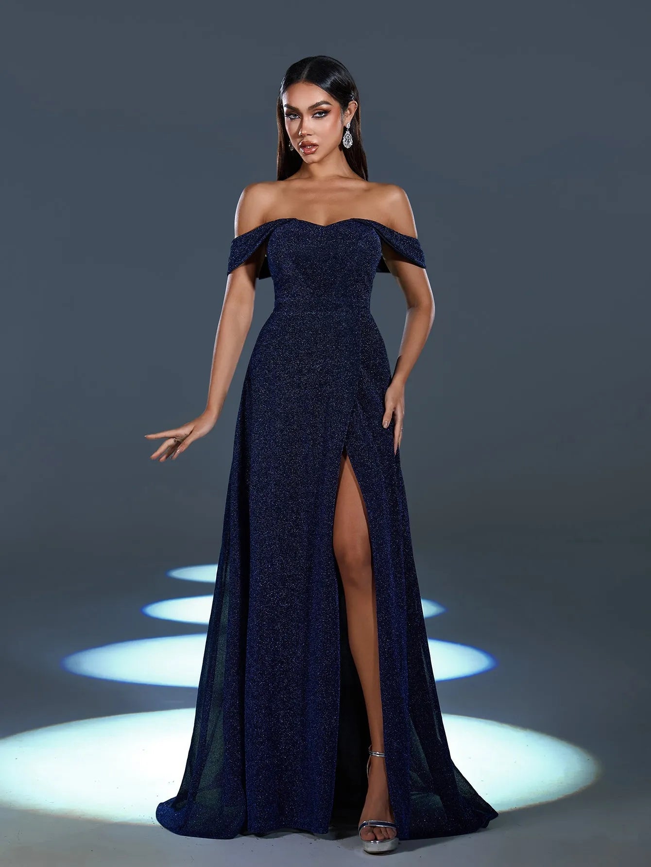 Glitter Off Shoulder A Line Split Thigh Evening Dress