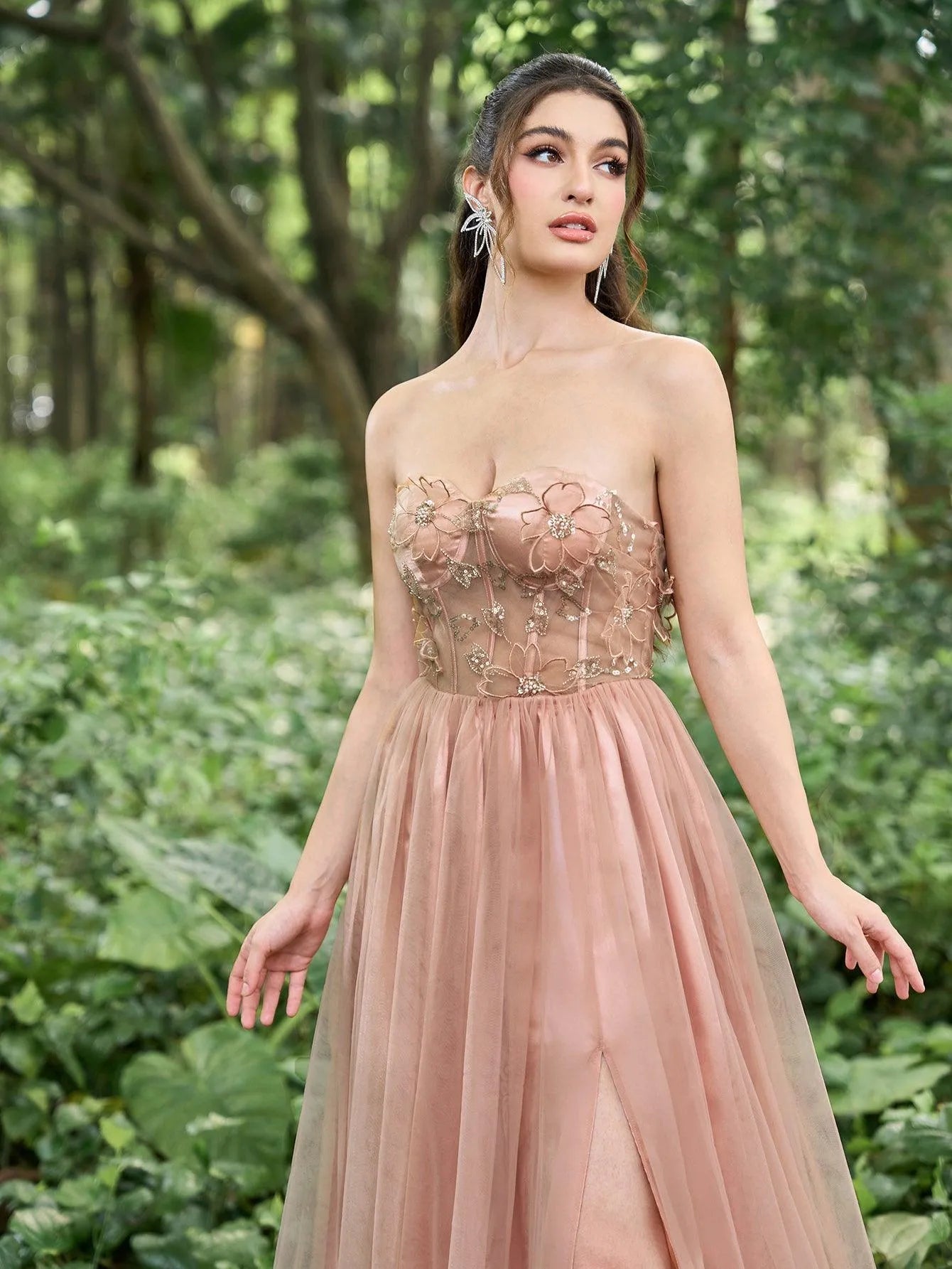 Gorgeous Strapless Applique Detail Bustier Split Tulle Prom Dress