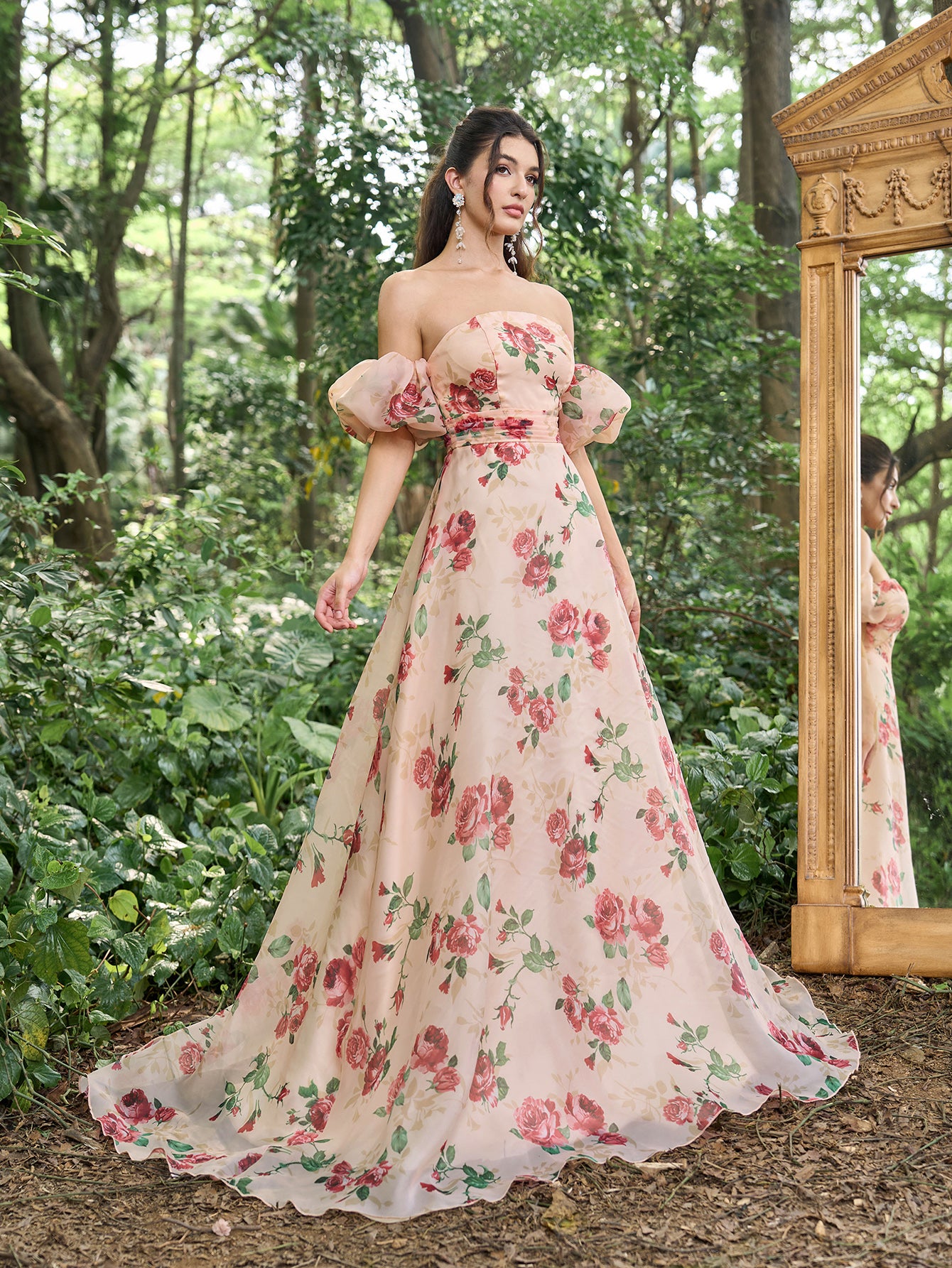 Gorgeous Off Shoulder Puff Sleeves Floral Printed Organza Prom Dress