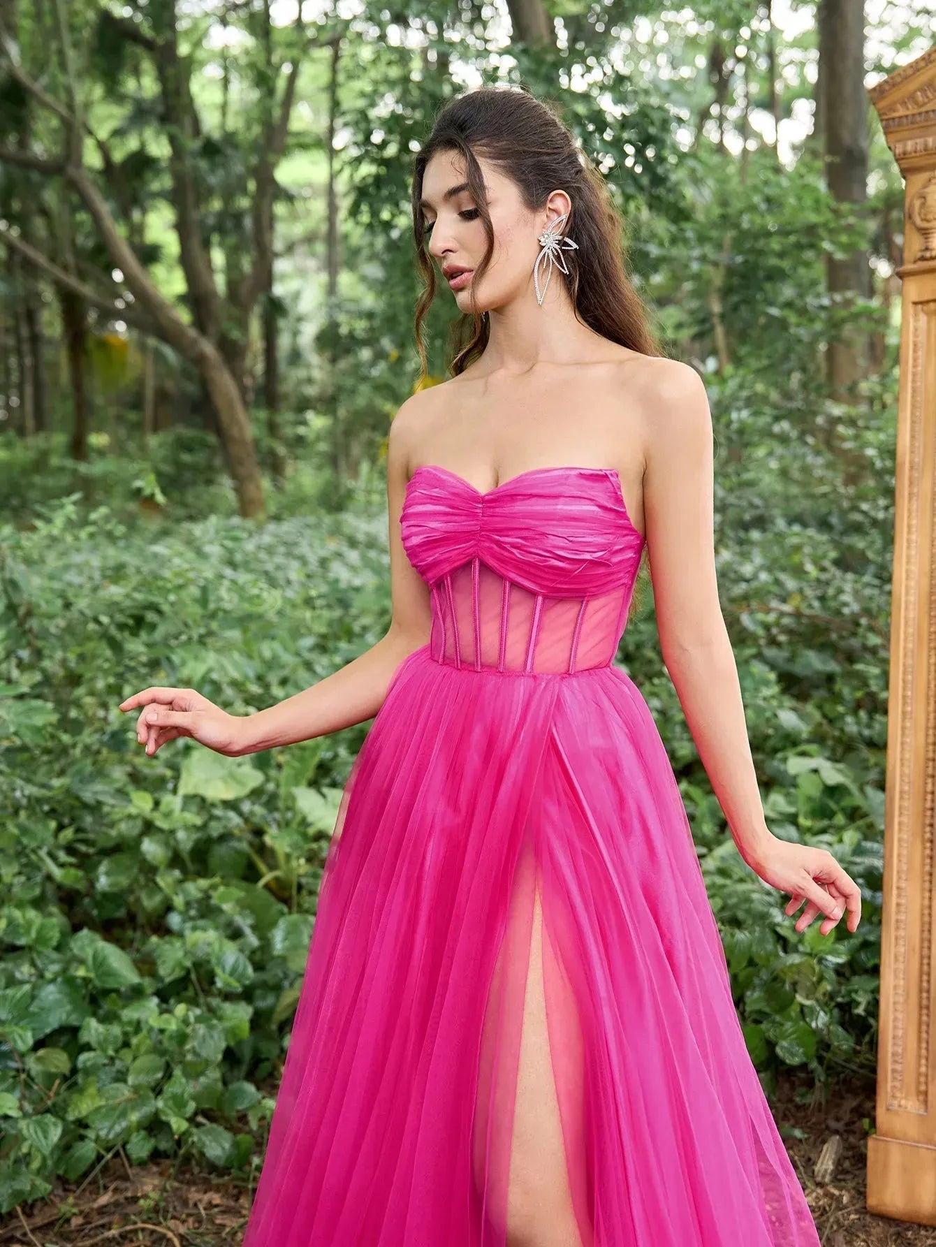 Gorgeous Sheer Bodice Split Thigh Tulle Prom Tube Dress