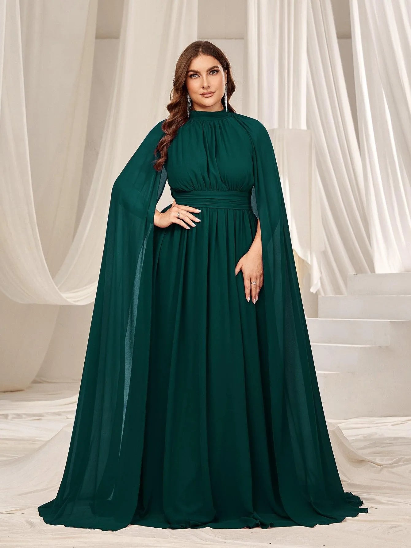 Plus Mock Neck Cloak Sleeves Chiffon Formal Cape Dress